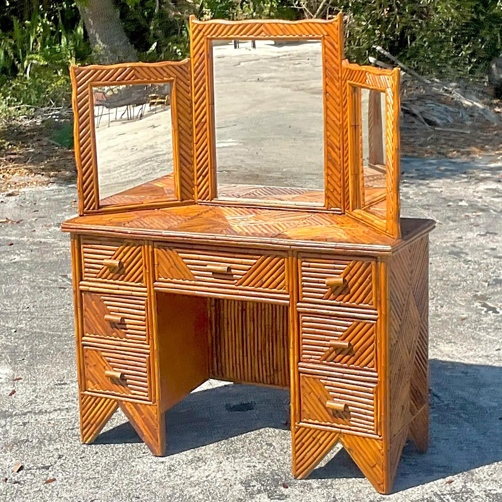 20th Century Vintage Coastal Split Rattan Vanity