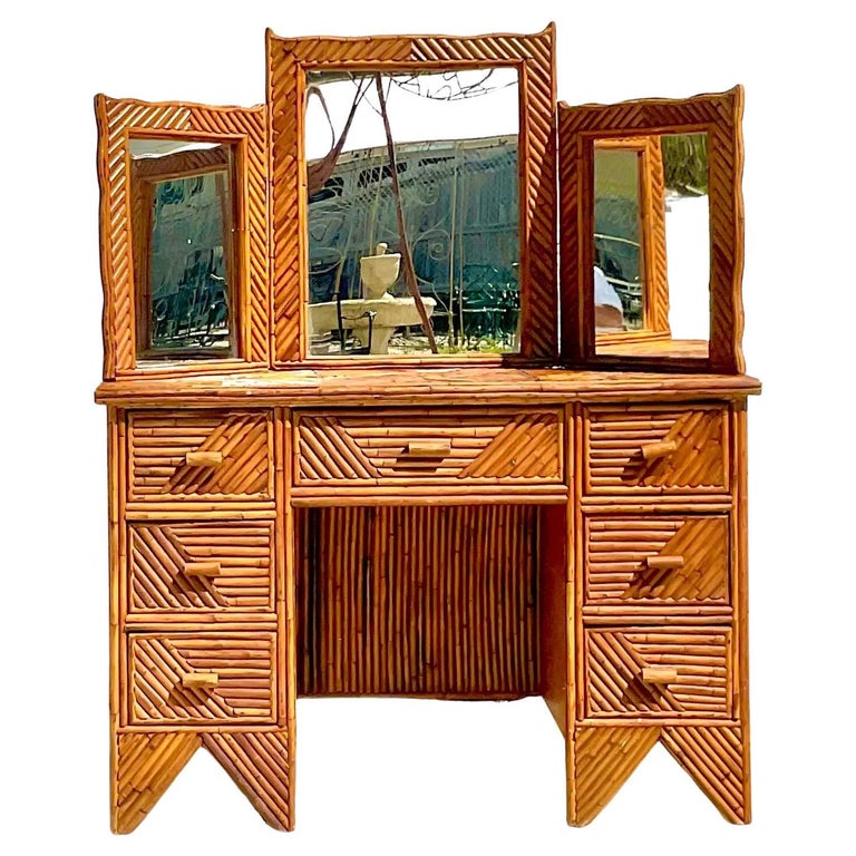 Vintage Coastal Split Rattan Vanity For Sale at 1stDibs