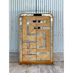 Vintage Coastal Split Reed Mirrored Maze Armoire