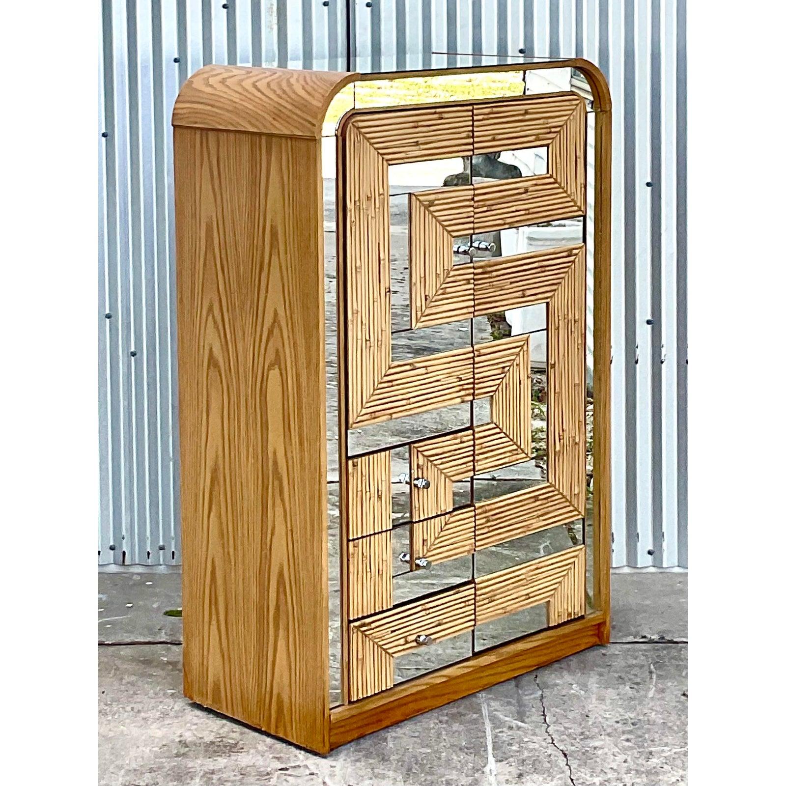 Vintage Coastal Split Reed Mirrored Maze Armoire In Excellent Condition In west palm beach, FL