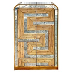 Vintage Coastal Split Reed Mirrored Maze Armoire