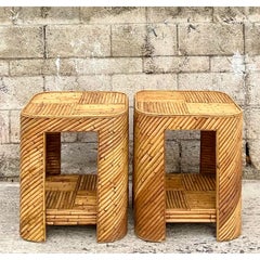 Vintage Coastal Split Reed Side Tables, a Pair