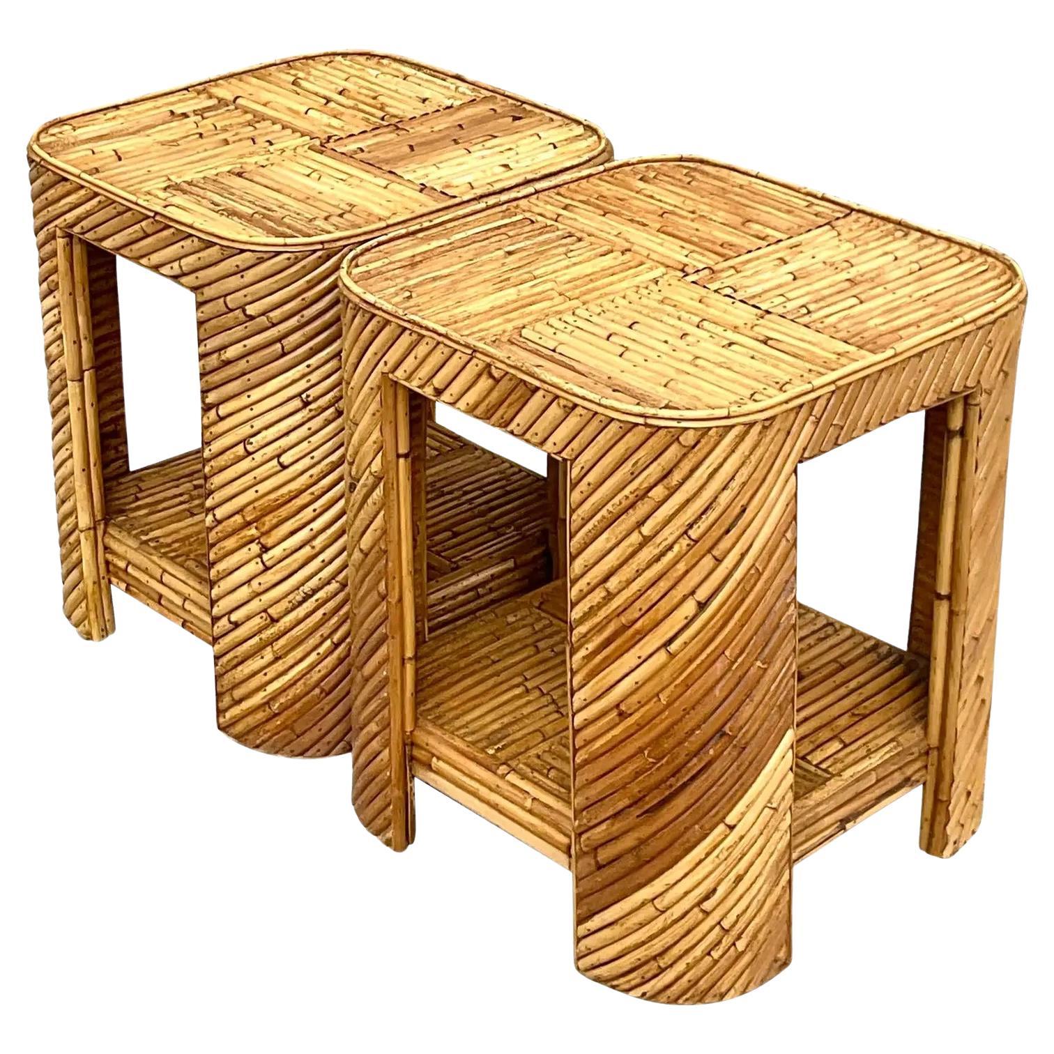 Pair of Split Reed Rattan Bamboo End/Side Tables at 1stDibs