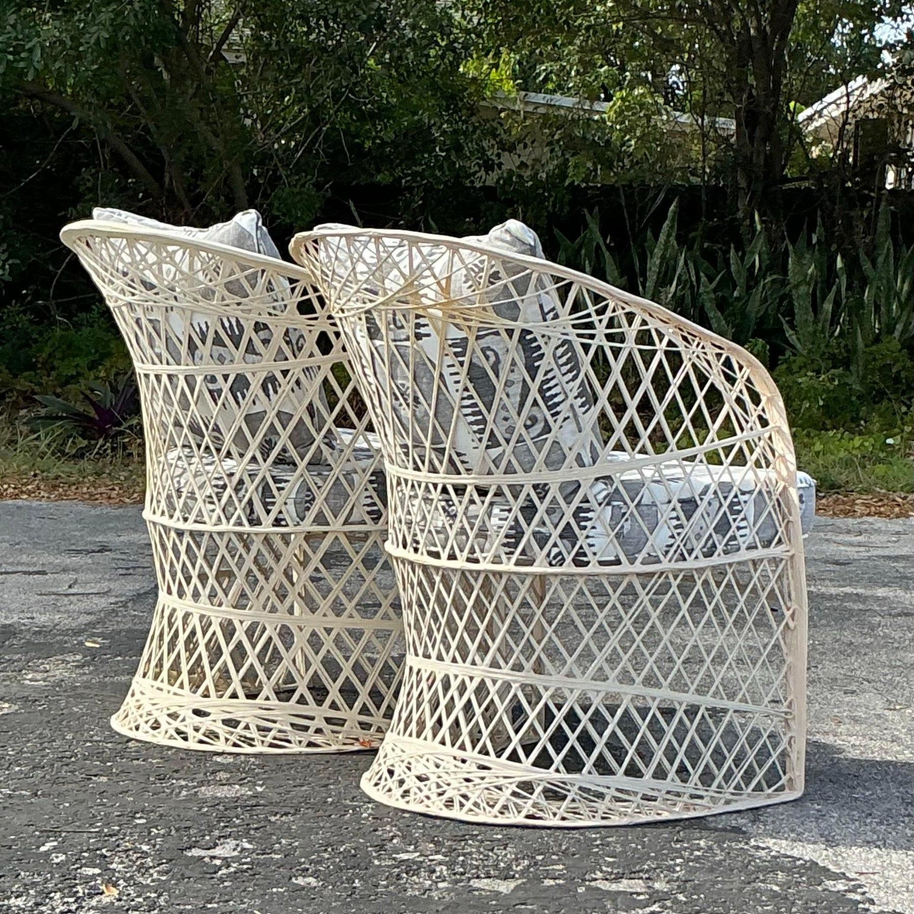 Discover the perfect blend of vintage charm and modern elegance with these coastal spun fiberglass lounge chairs. Crafted with intricate detailing, their lightweight yet sturdy fiberglass design is both stylish and durable. The airy, open weave