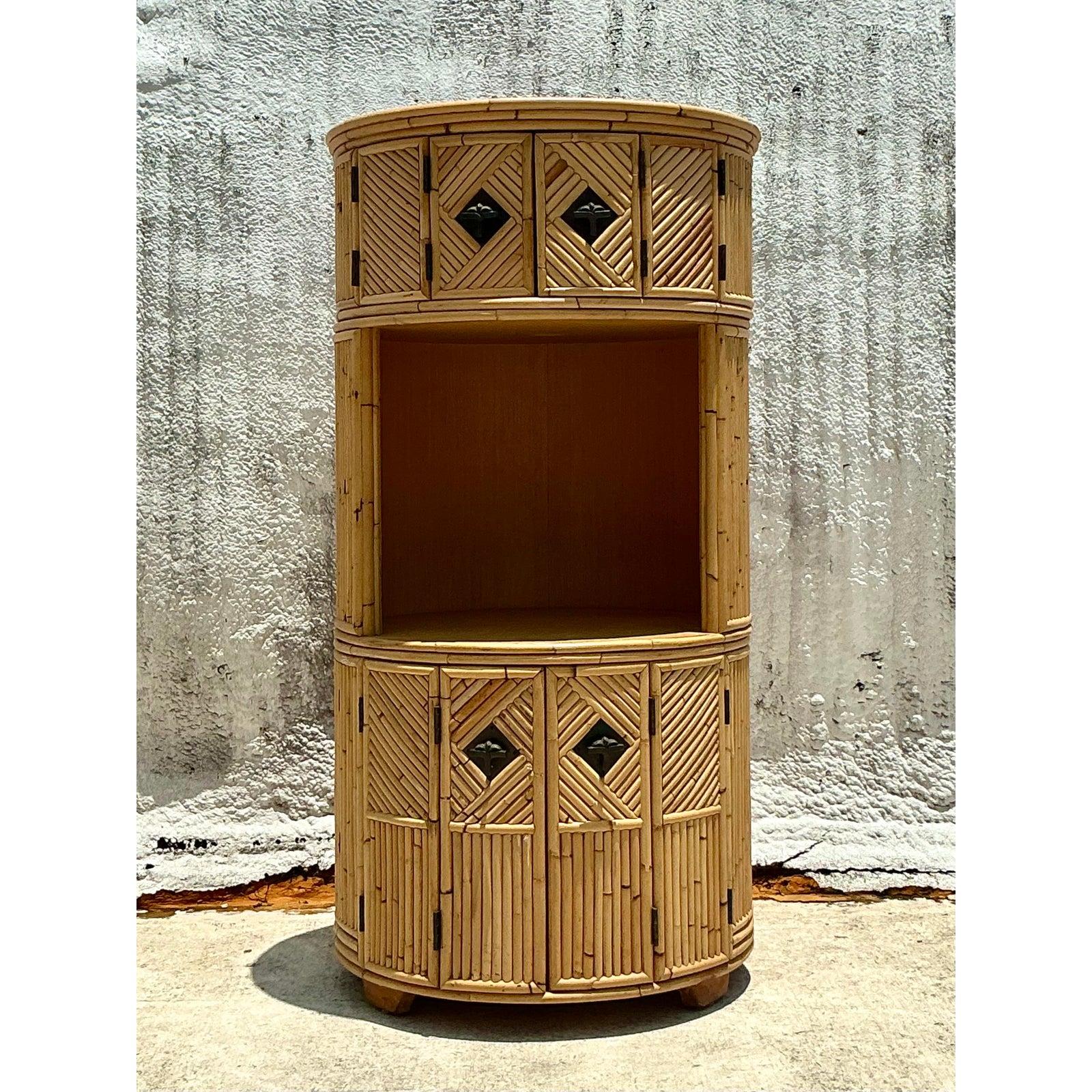 Metal Vintage Coastal Stacked Bamboo Circular Dry Bar For Sale