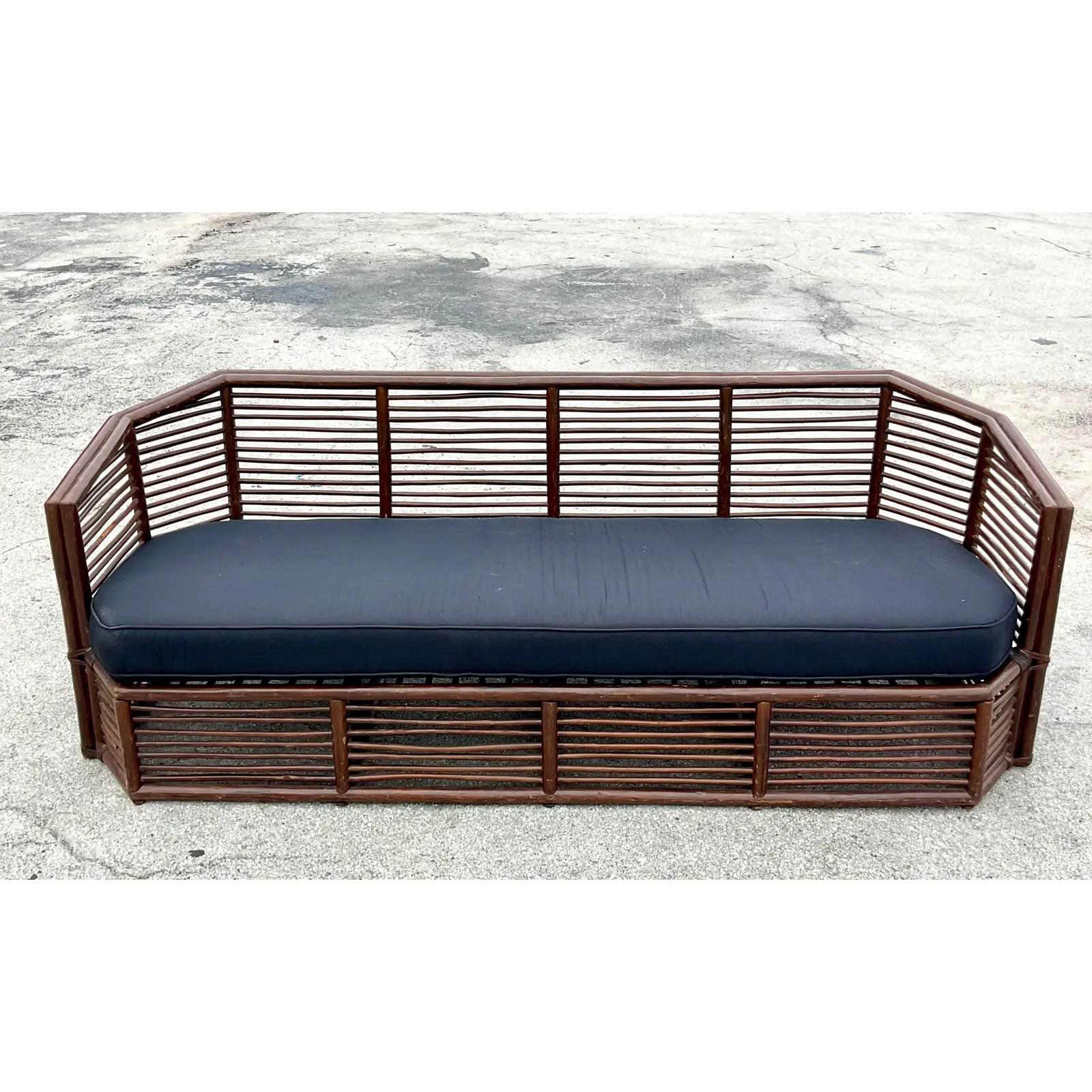 20th Century Vintage Coastal Stacked Rattan Faceted Sofa