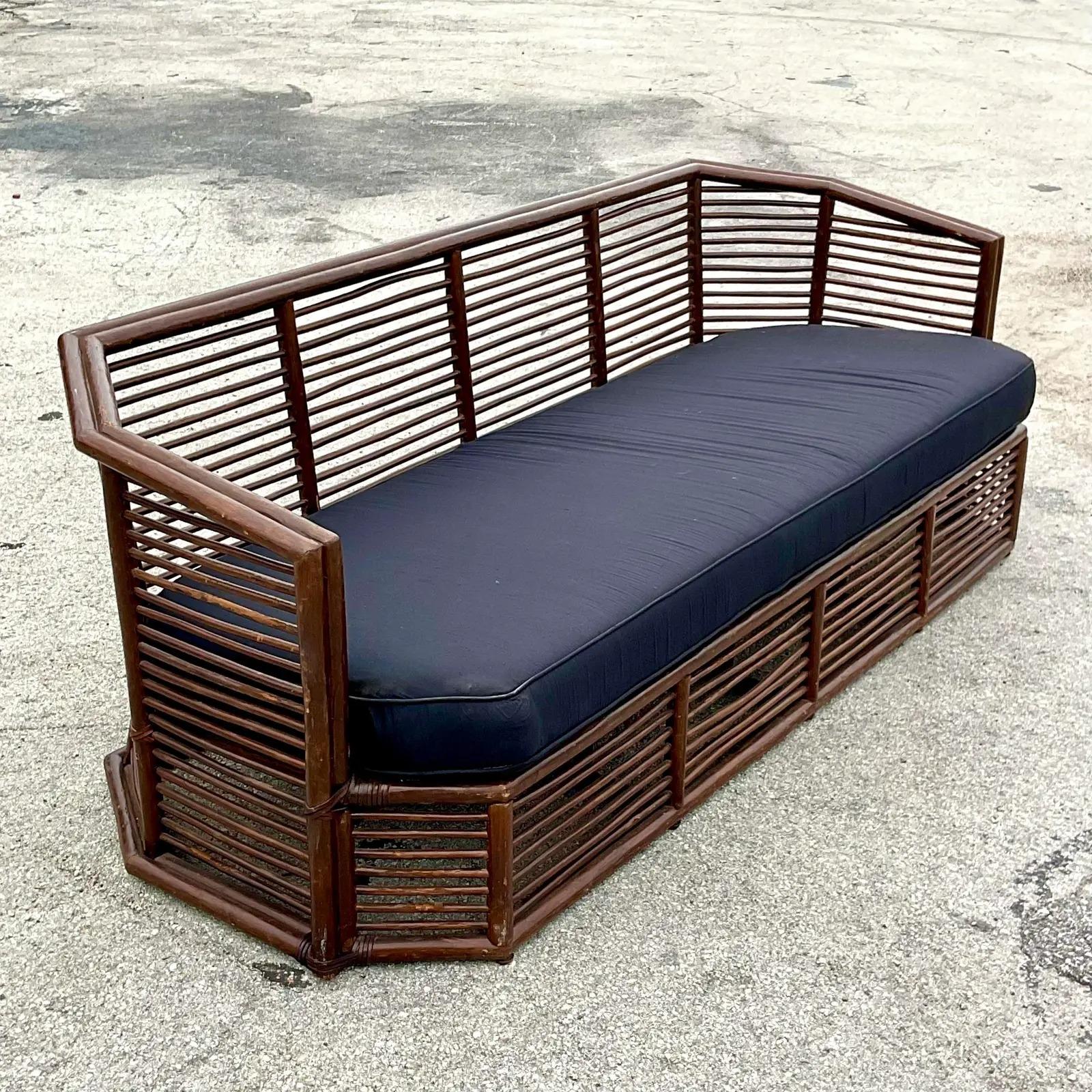Vintage Coastal Stacked Rattan Faceted Sofa 1
