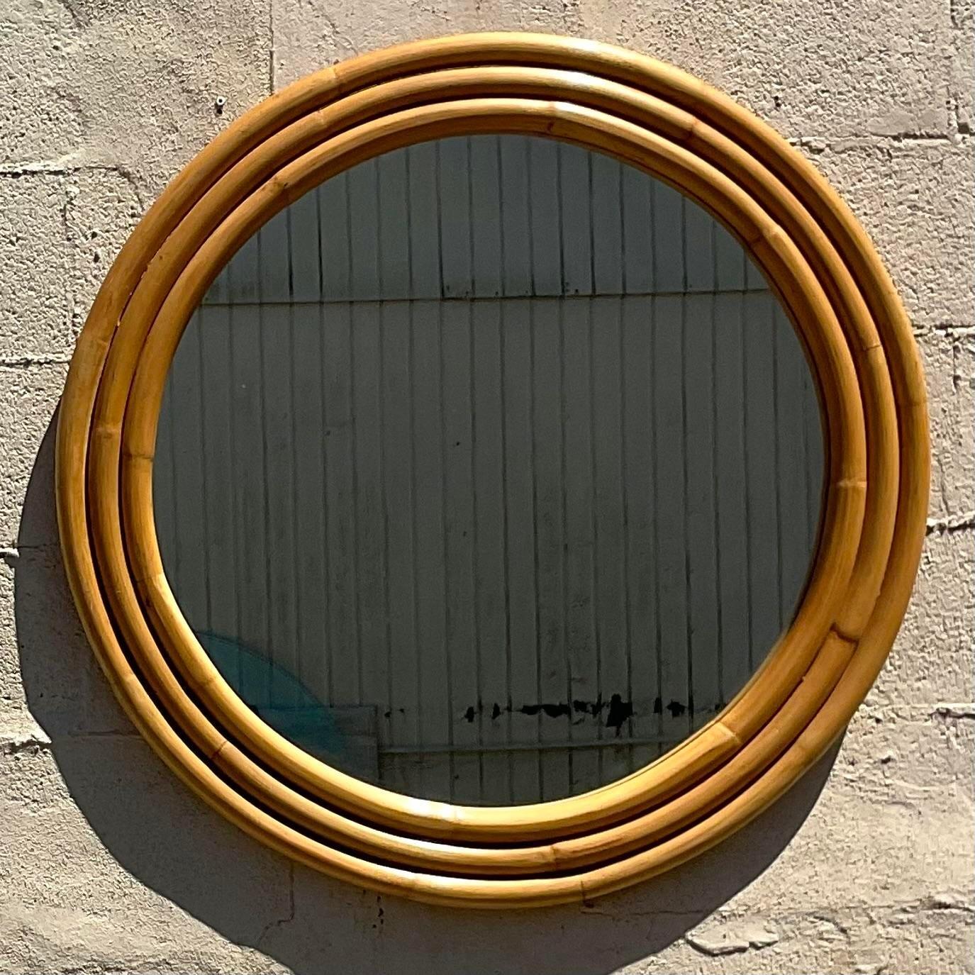 Mid-Century Modern Vintage Coastal Stacked Rattan Round Mirror For Sale