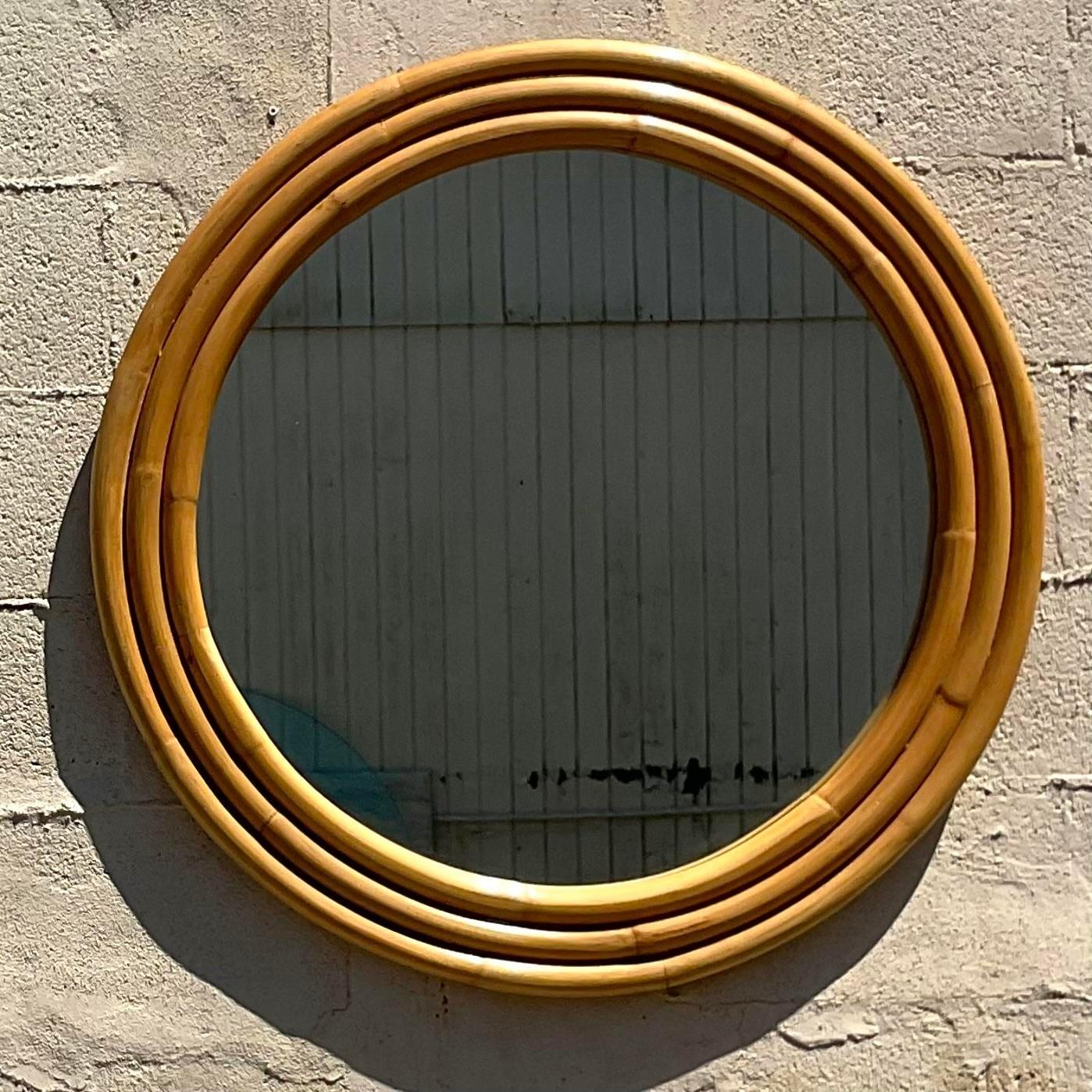 Vintage Coastal Stacked Rattan Round Mirror In Good Condition For Sale In west palm beach, FL