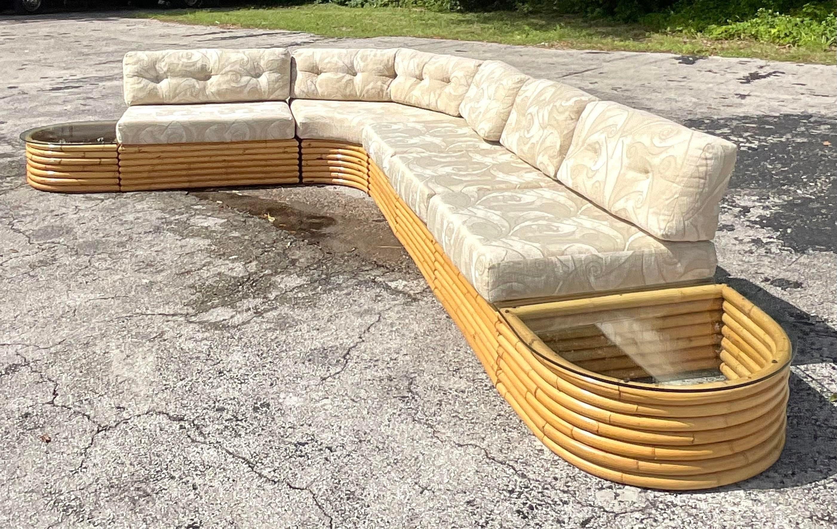 Vintage Coastal Stacked Rattan Sectional Sofa In Good Condition In west palm beach, FL