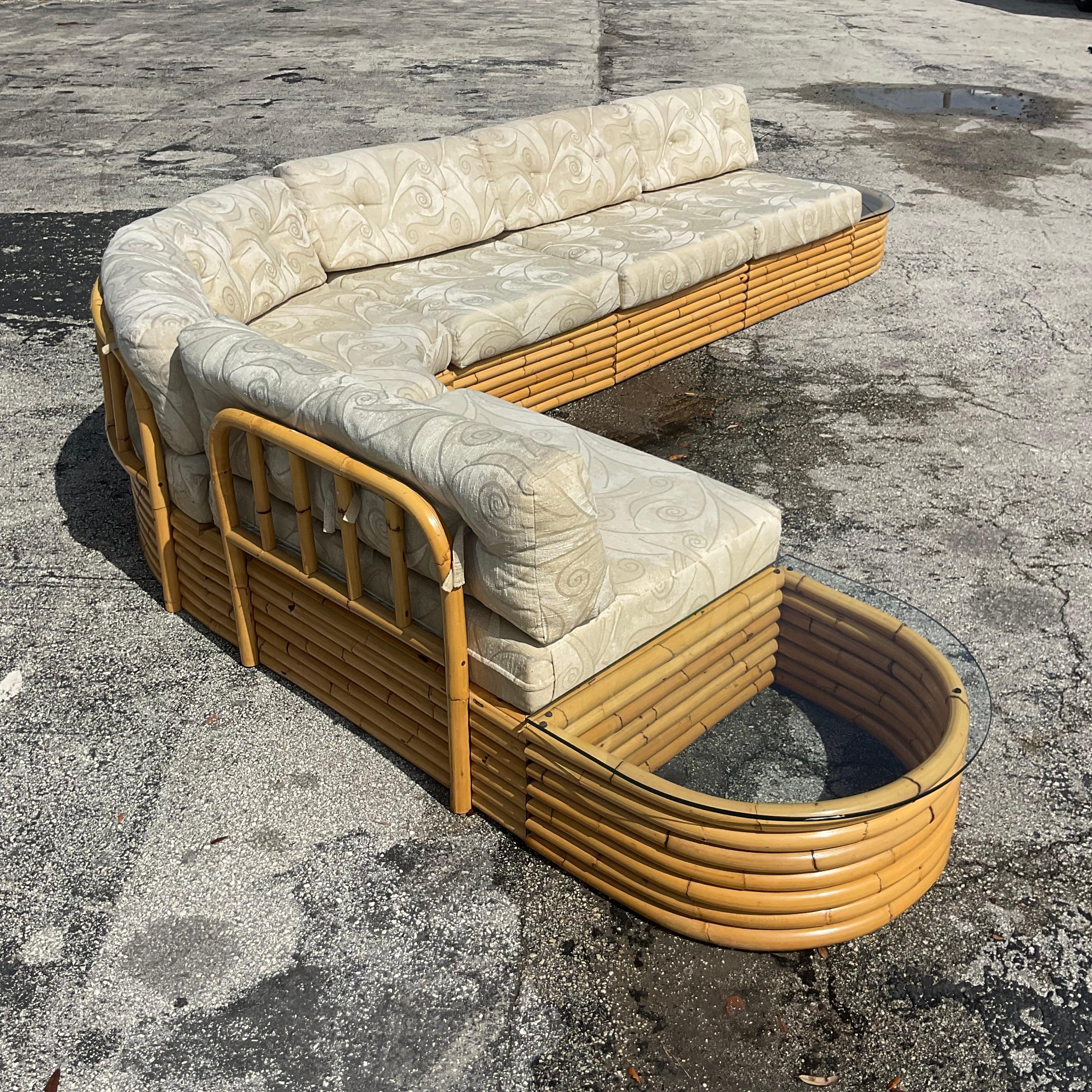 Upholstery Vintage Coastal Stacked Rattan Sectional Sofa