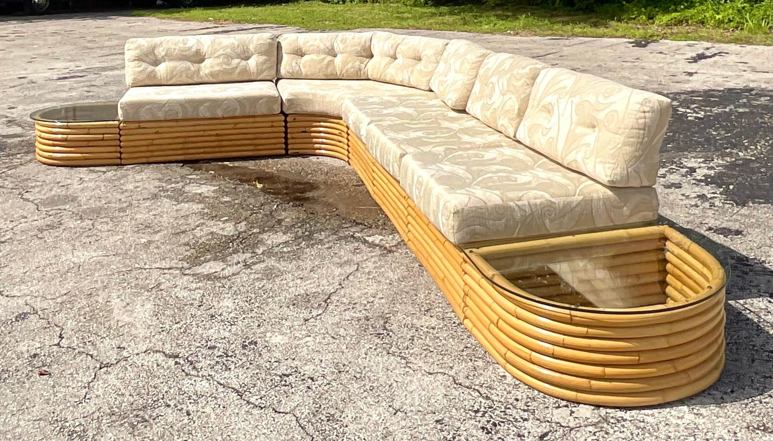 Vintage Coastal Stacked Rattan Sectional Sofa 2
