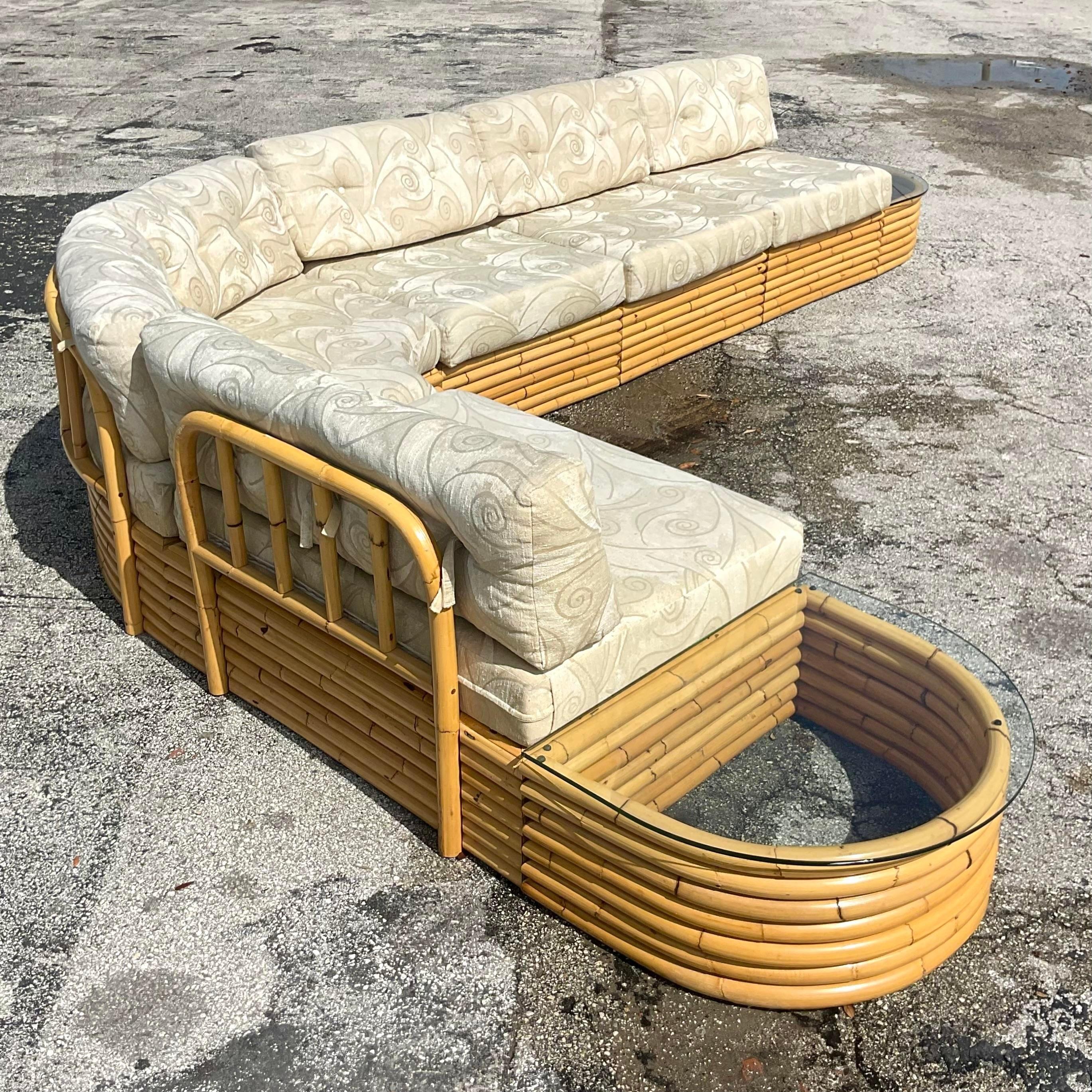 Vintage Coastal Stacked Rattan Sectional Sofa 3