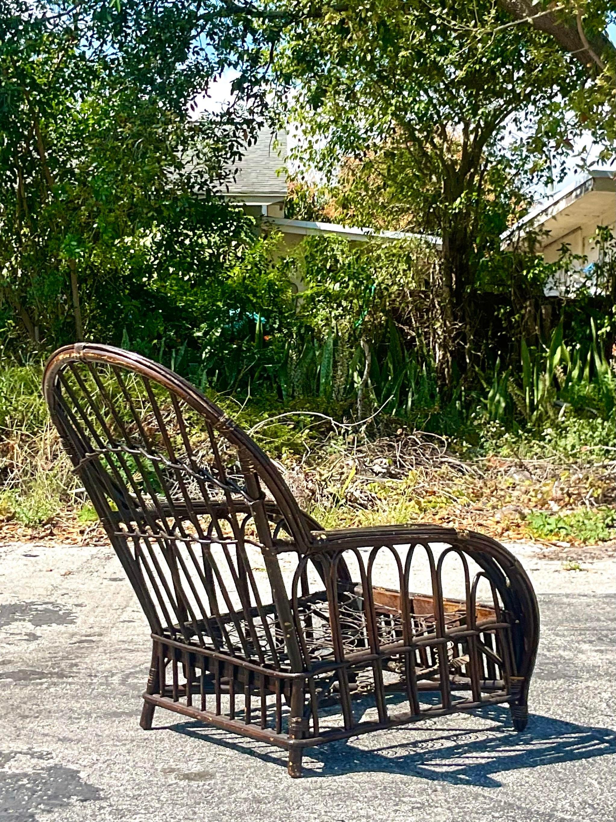 Bohemian Vintage Coastal Stick Rattan Arched Lounge Chair After Bielecky Brothers For Sale