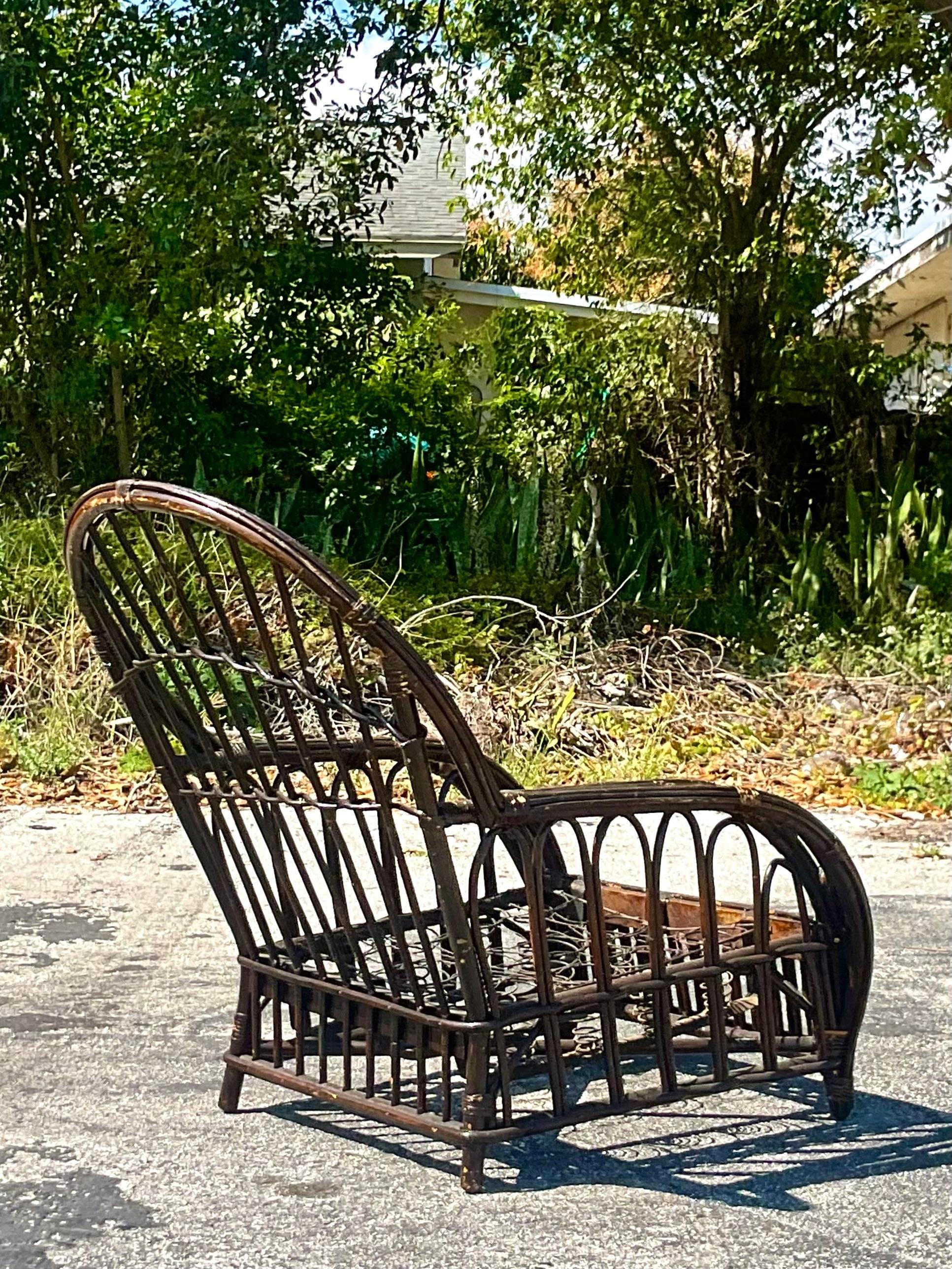 Philippine Vintage Coastal Stick Rattan Arched Lounge Chair After Bielecky Brothers For Sale