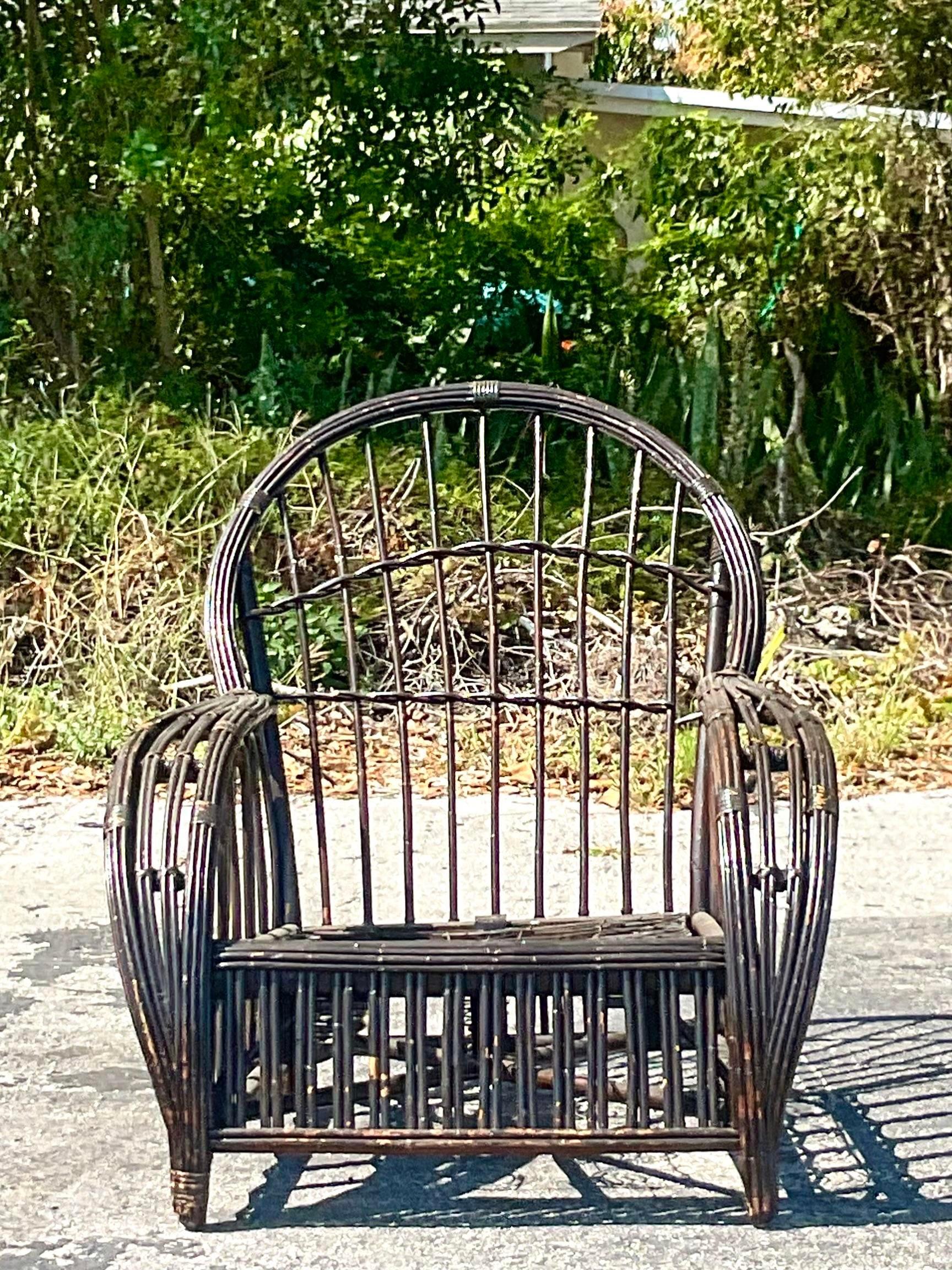Vintage Coastal Stick Rattan Arched Lounge Chair After Bielecky Brothers In Good Condition For Sale In west palm beach, FL