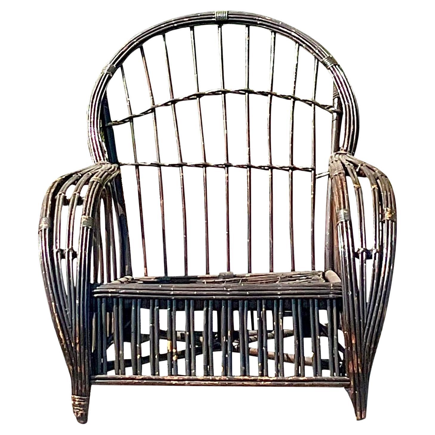 Vintage Coastal Stick Rattan Arched Lounge Chair After Bielecky Brothers For Sale