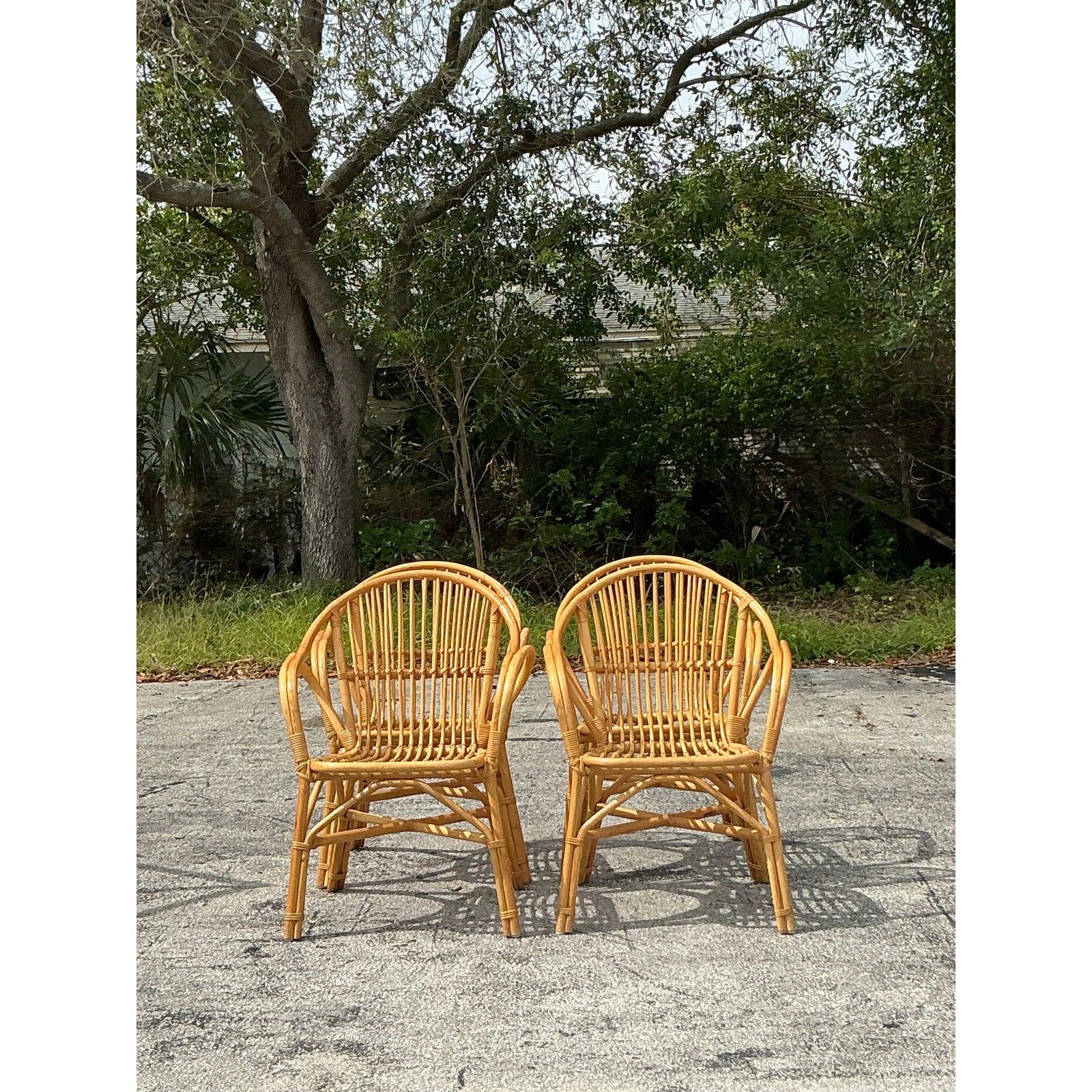 Porta un'eleganza rilassata e naturale nel tuo spazio da pranzo con questo set di quattro sedie da pranzo vintage in rattan a stecca della costa. Caratterizzate da uno splendido schienale ad arco, braccioli scultorei e una seduta a doghe aperte,