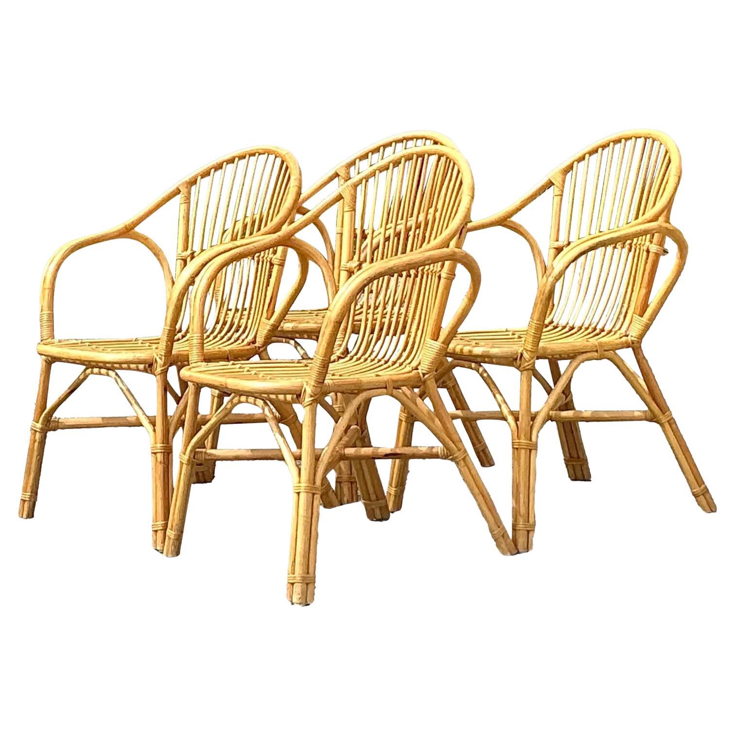 Vintage Coastal Stick Rattan Dining Chairs - Set of 4