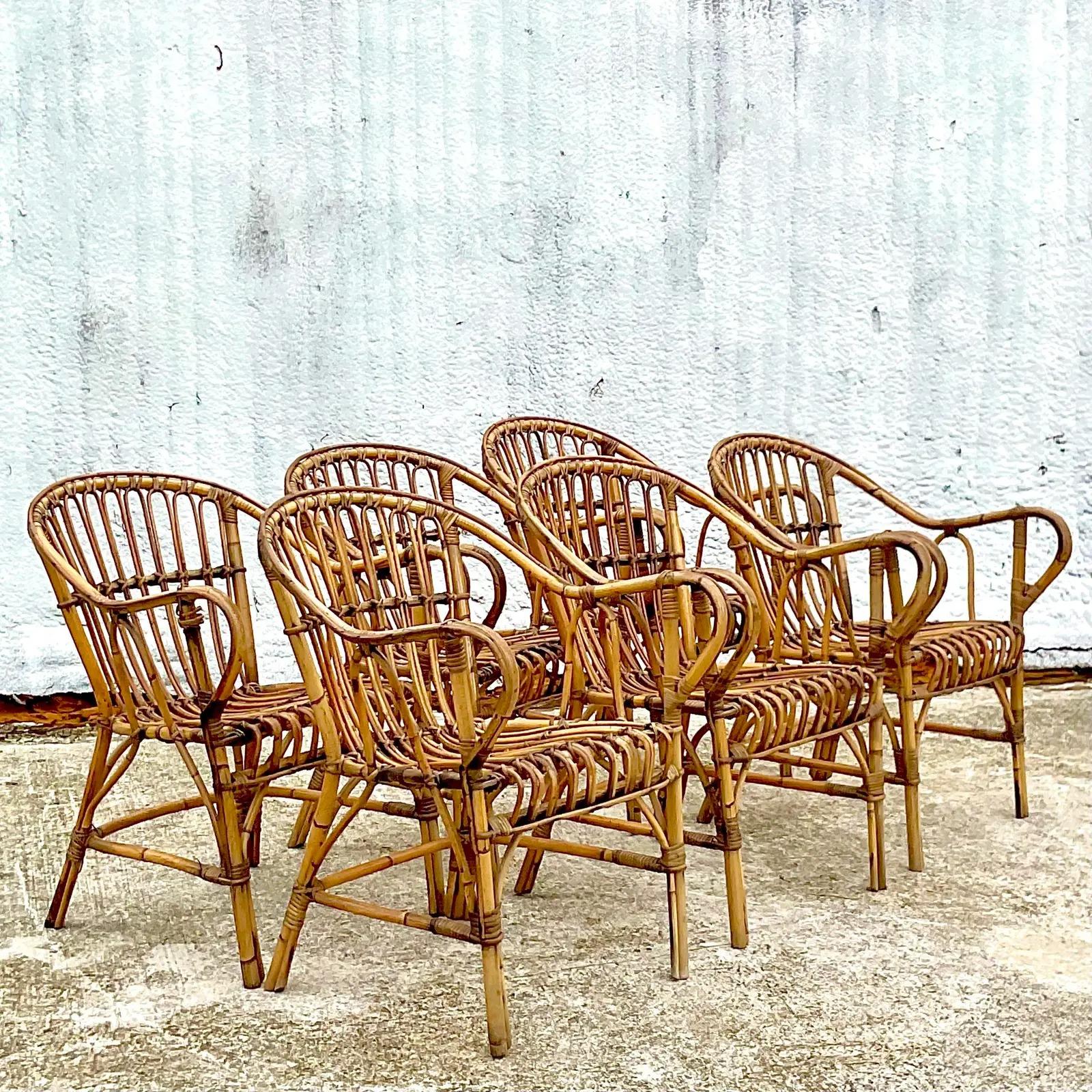 Vintage Coastal Stick Rattan Dining Chairs, Set of Six 4