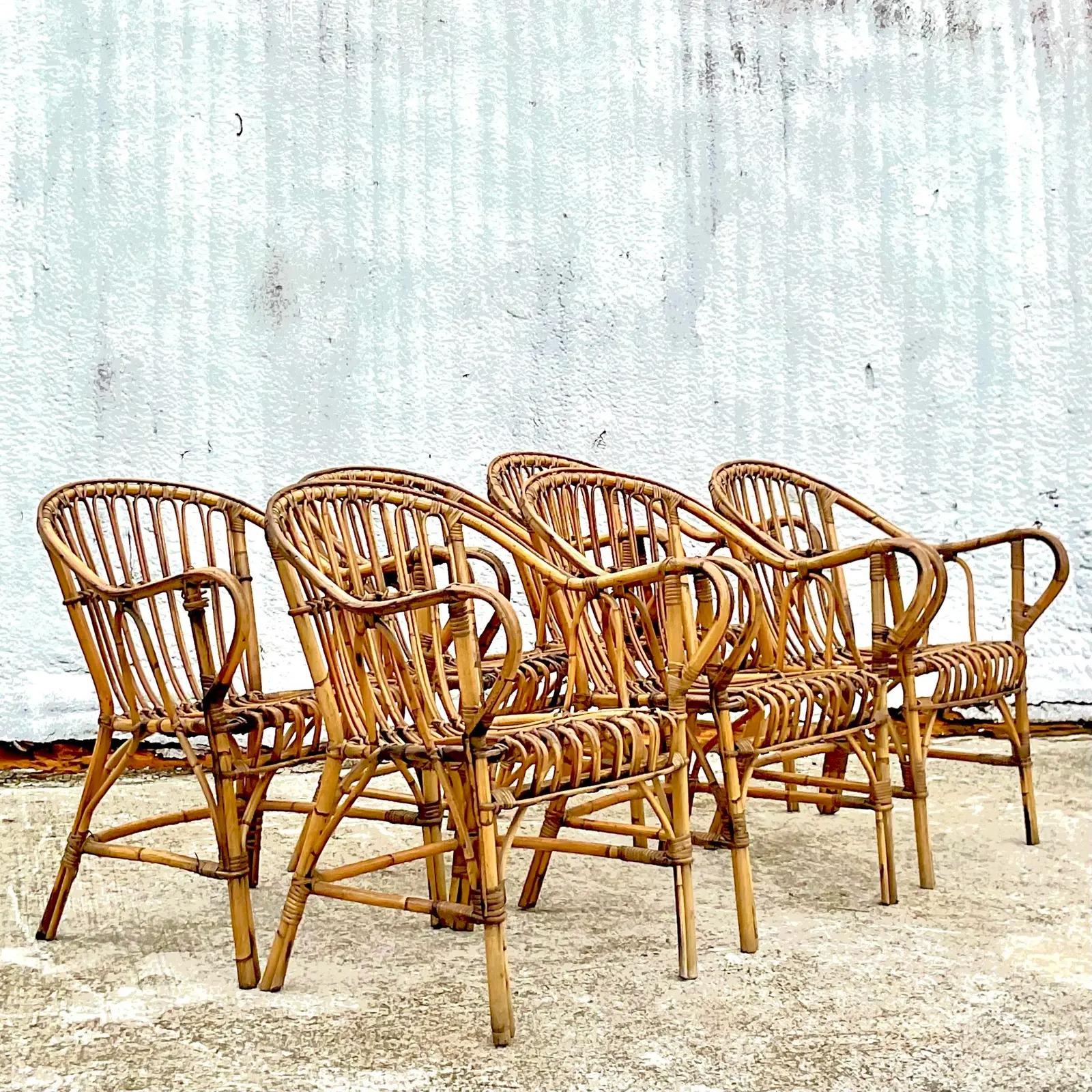 Philippine Vintage Coastal Stick Rattan Dining Chairs, Set of Six