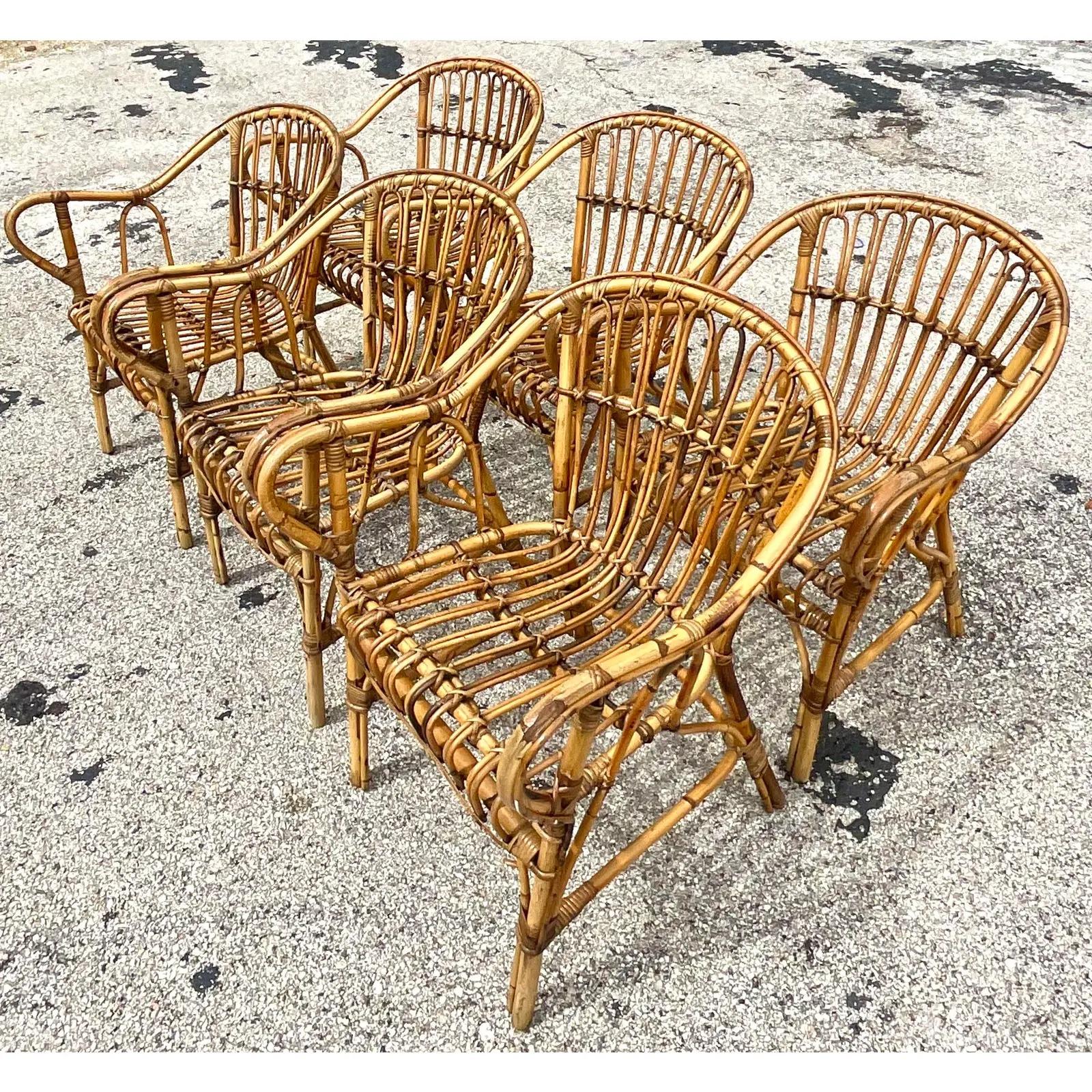 Vintage Coastal Stick Rattan Dining Chairs, Set of Six In Good Condition In west palm beach, FL