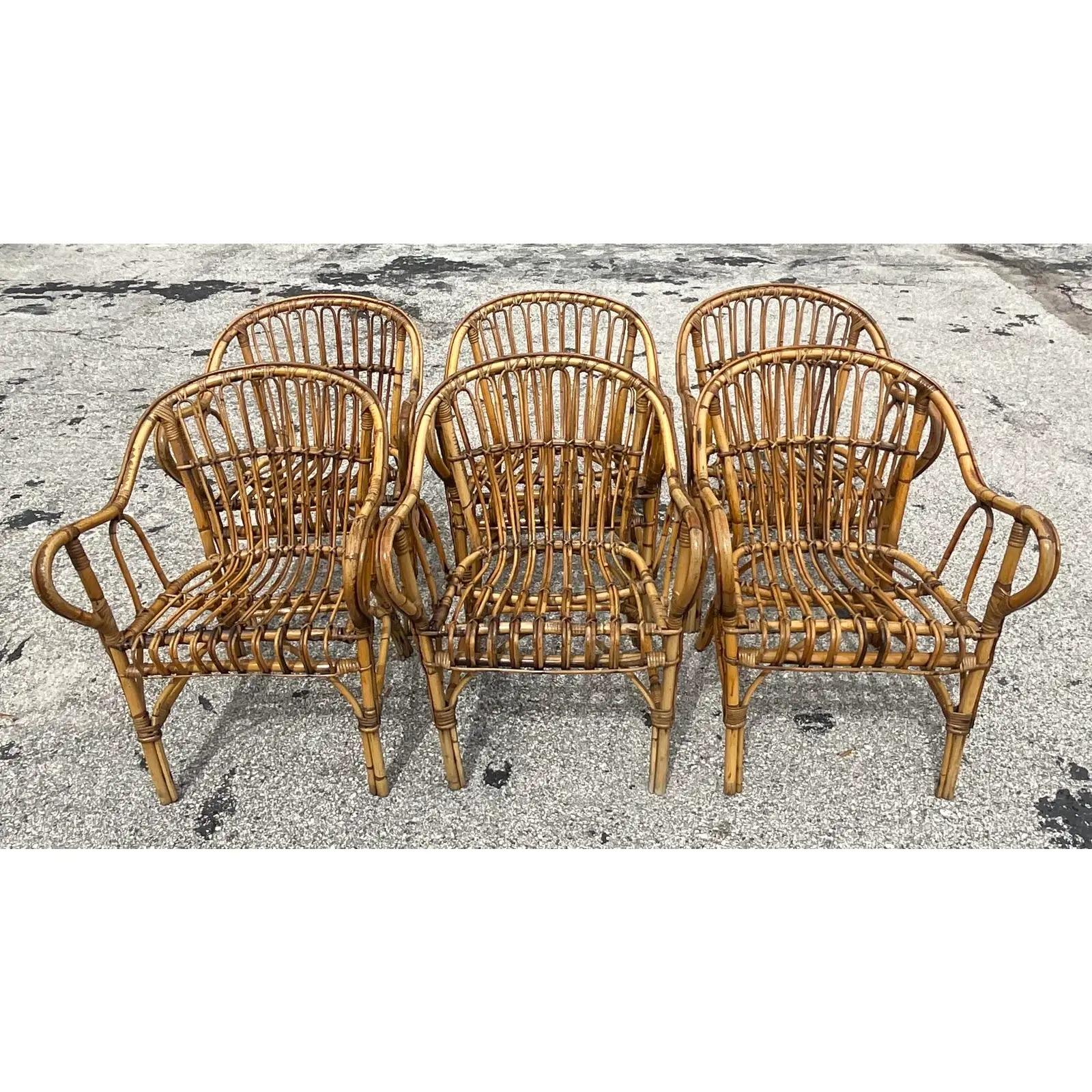 20th Century Vintage Coastal Stick Rattan Dining Chairs, Set of Six