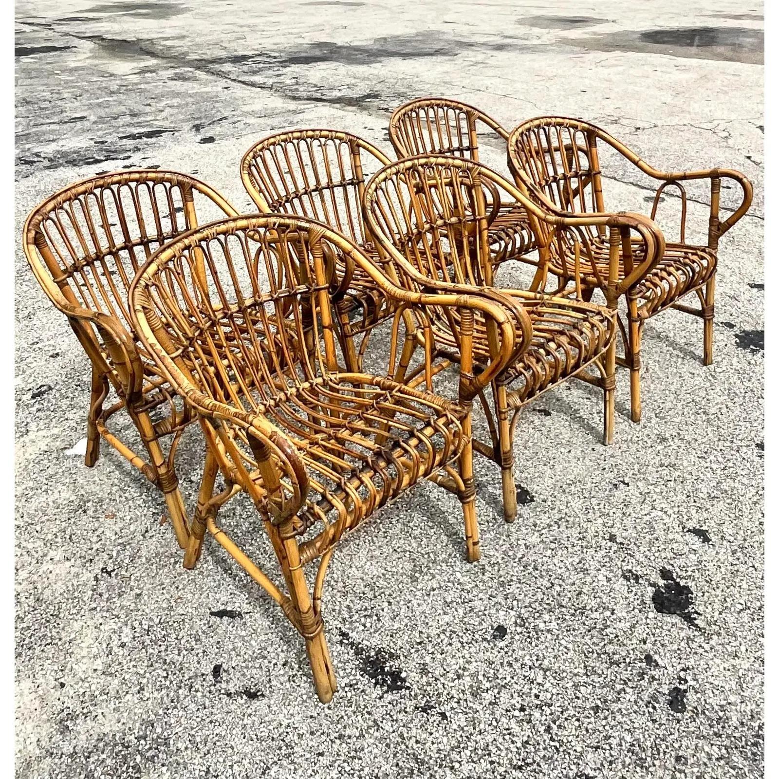 Vintage Coastal Stick Rattan Dining Chairs, Set of Six 1