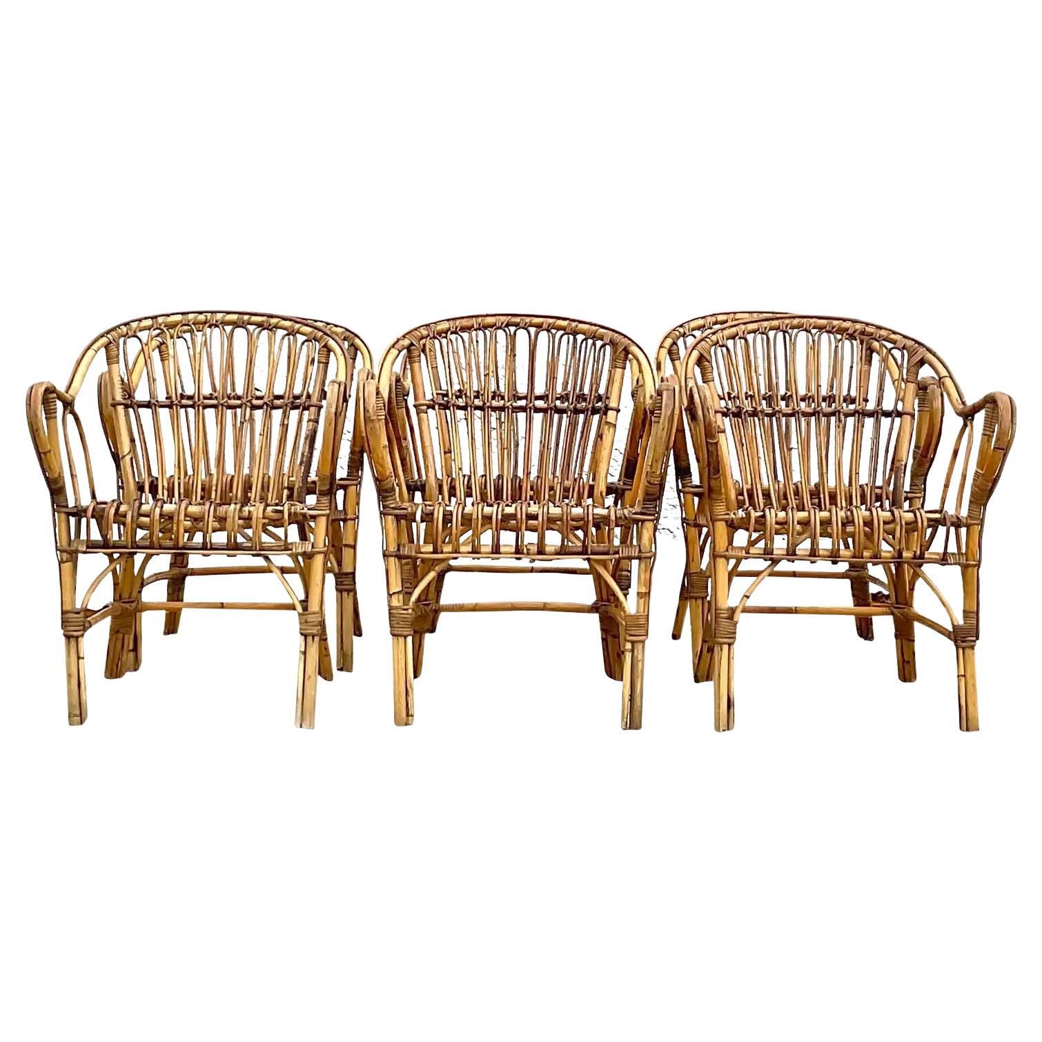 Vintage Coastal Stick Rattan Dining Chairs, Set of Six