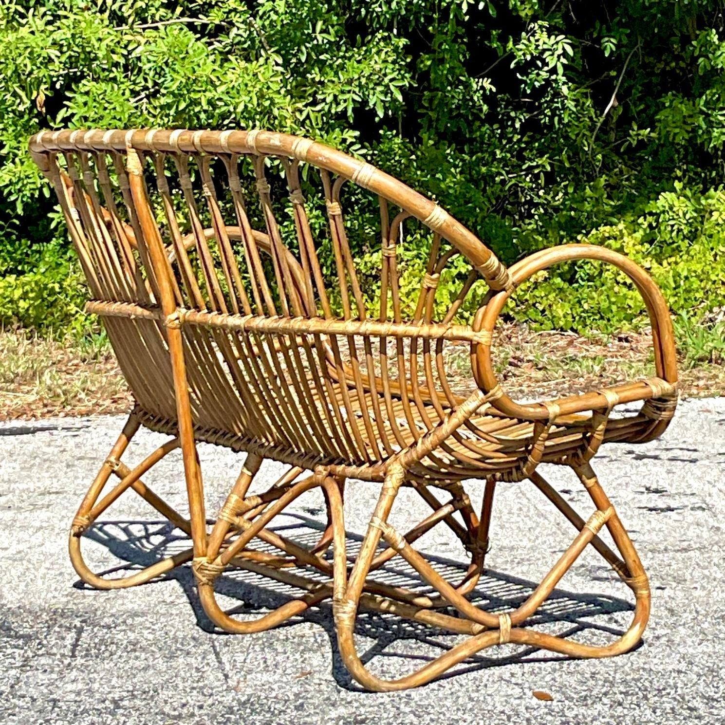 Philippine Vintage Coastal Stick Rattan Loop Loveseat For Sale