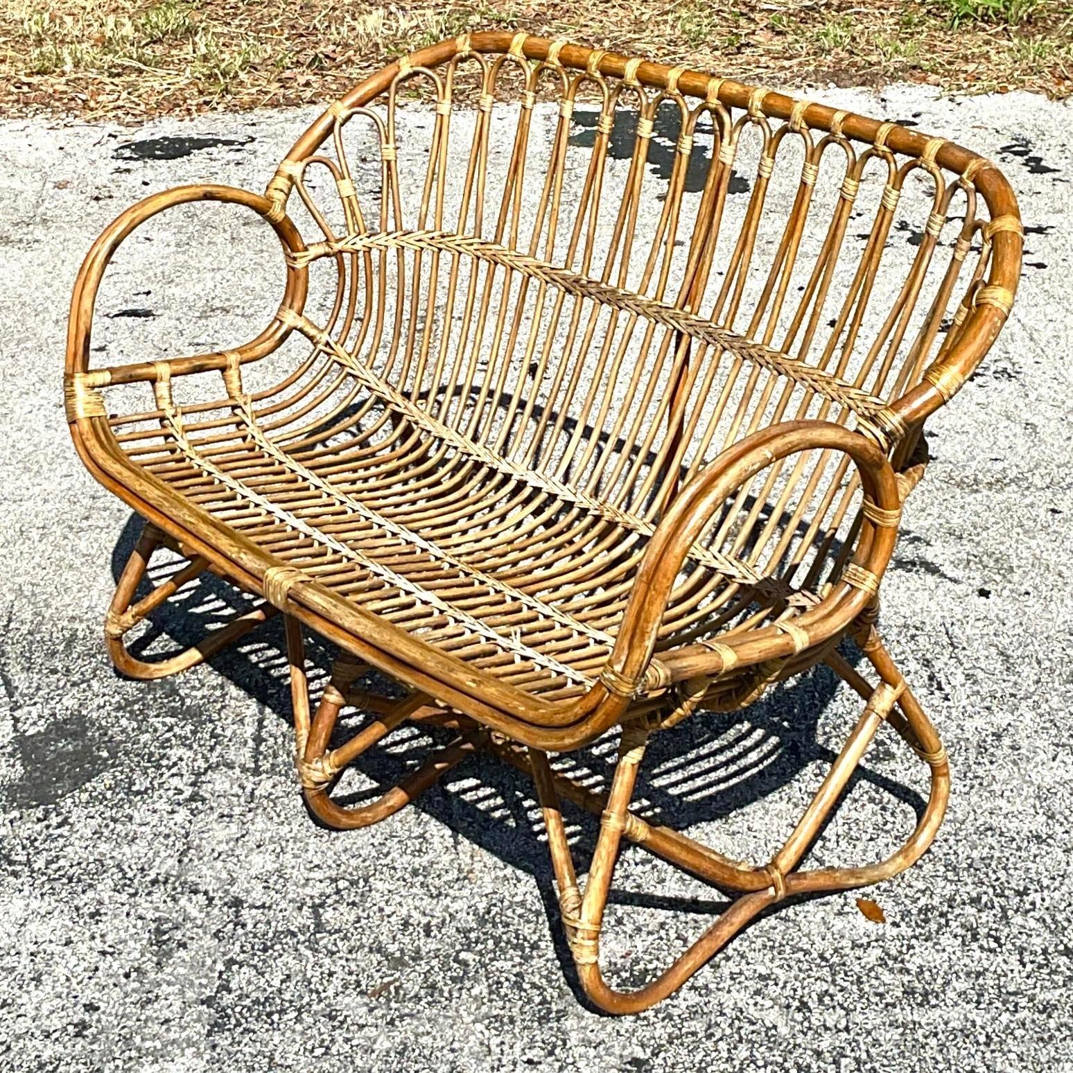 Vintage Coastal Stick Rattan Loop Loveseat In Good Condition For Sale In west palm beach, FL