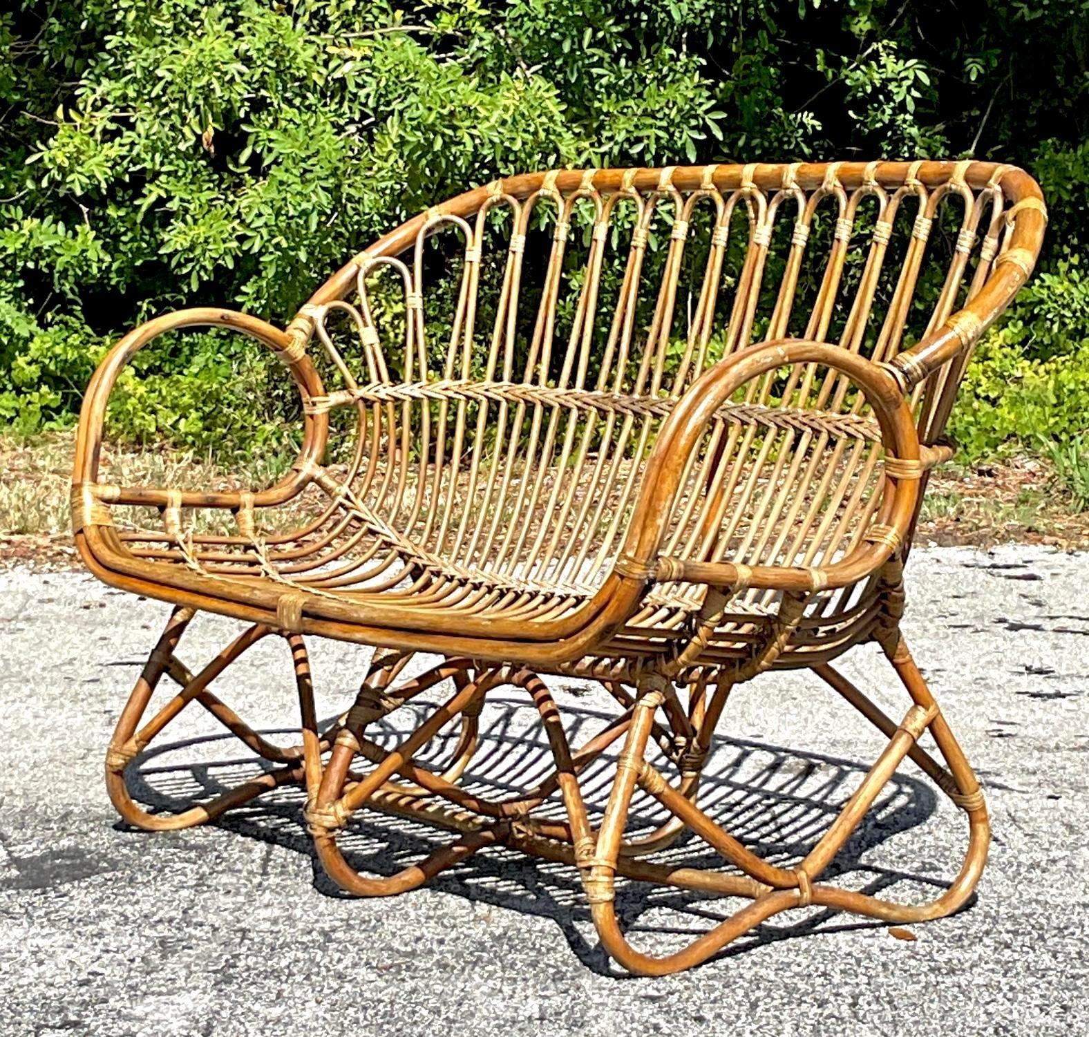20th Century Vintage Coastal Stick Rattan Loop Loveseat For Sale