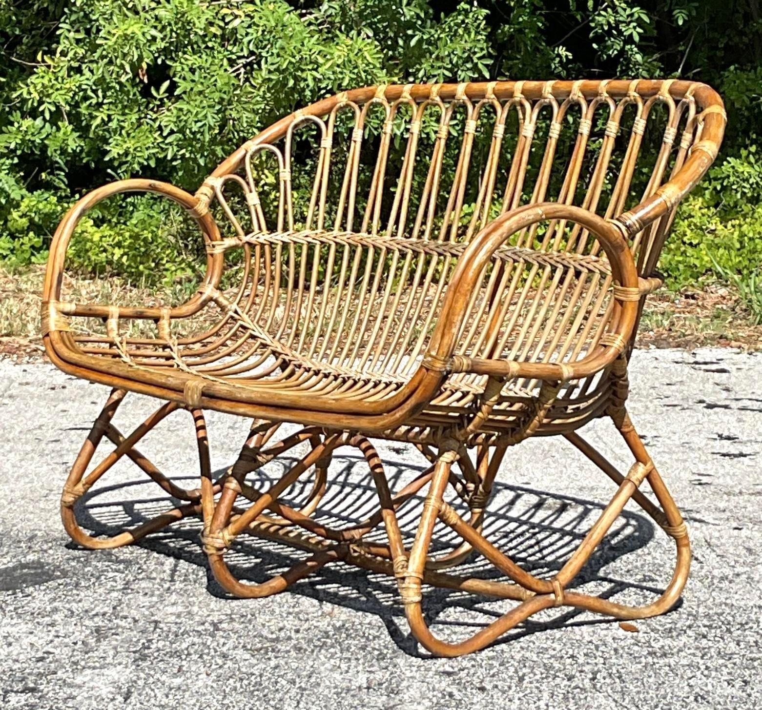 Vintage Coastal Stick Rattan Loop Loveseat For Sale 1