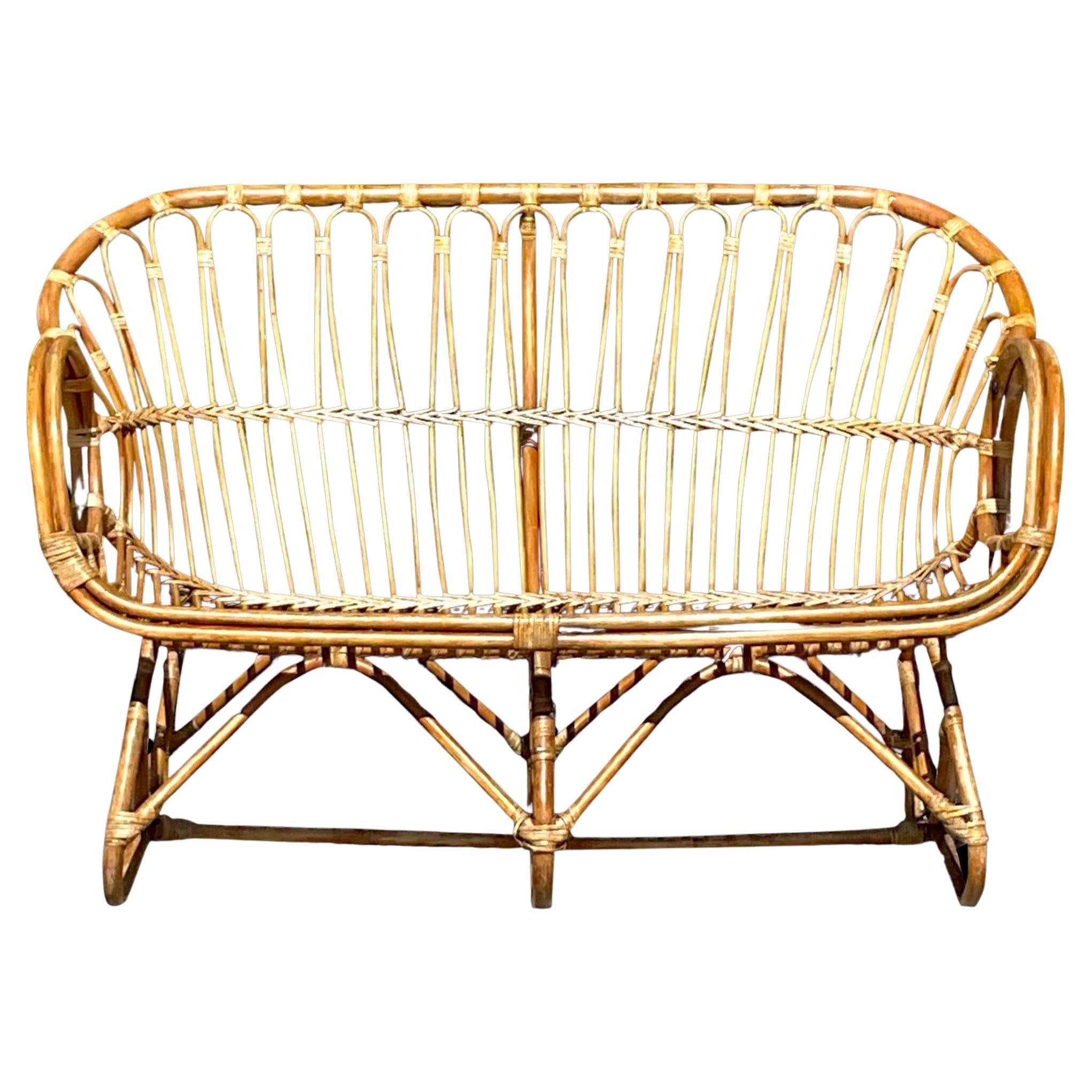 Vintage Coastal Stick Rattan Loop Loveseat For Sale
