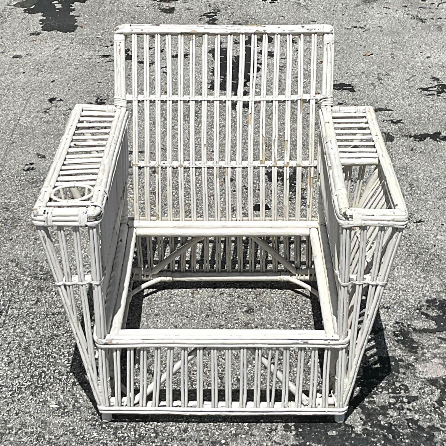 American Vintage Coastal Stick Rattan Lounge Chair After Bielecky Brothers For Sale