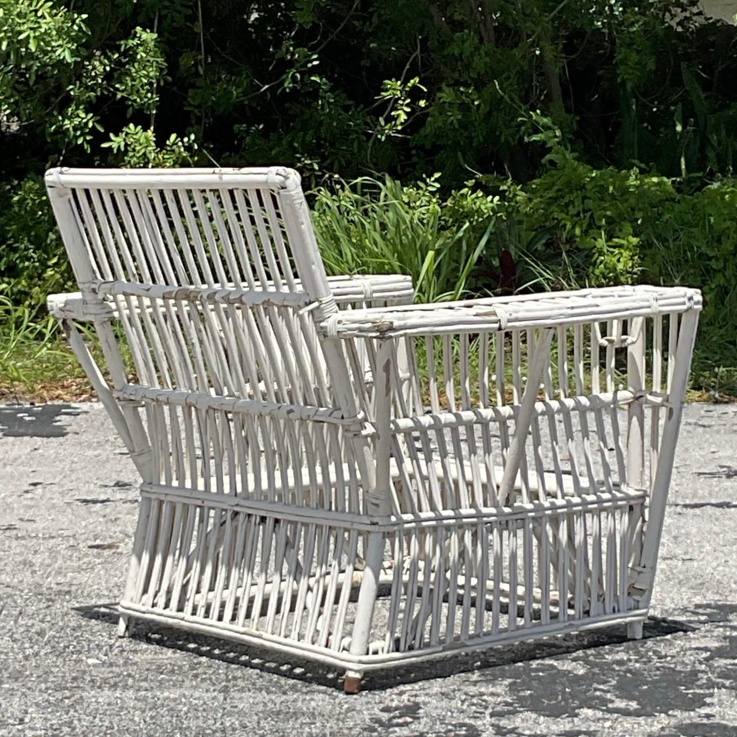 Vintage Coastal Stick Rattan Lounge Chair After Bielecky Brothers In Good Condition For Sale In west palm beach, FL