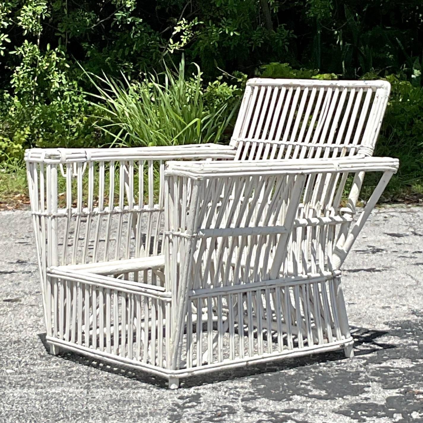 20th Century Vintage Coastal Stick Rattan Lounge Chair After Bielecky Brothers For Sale