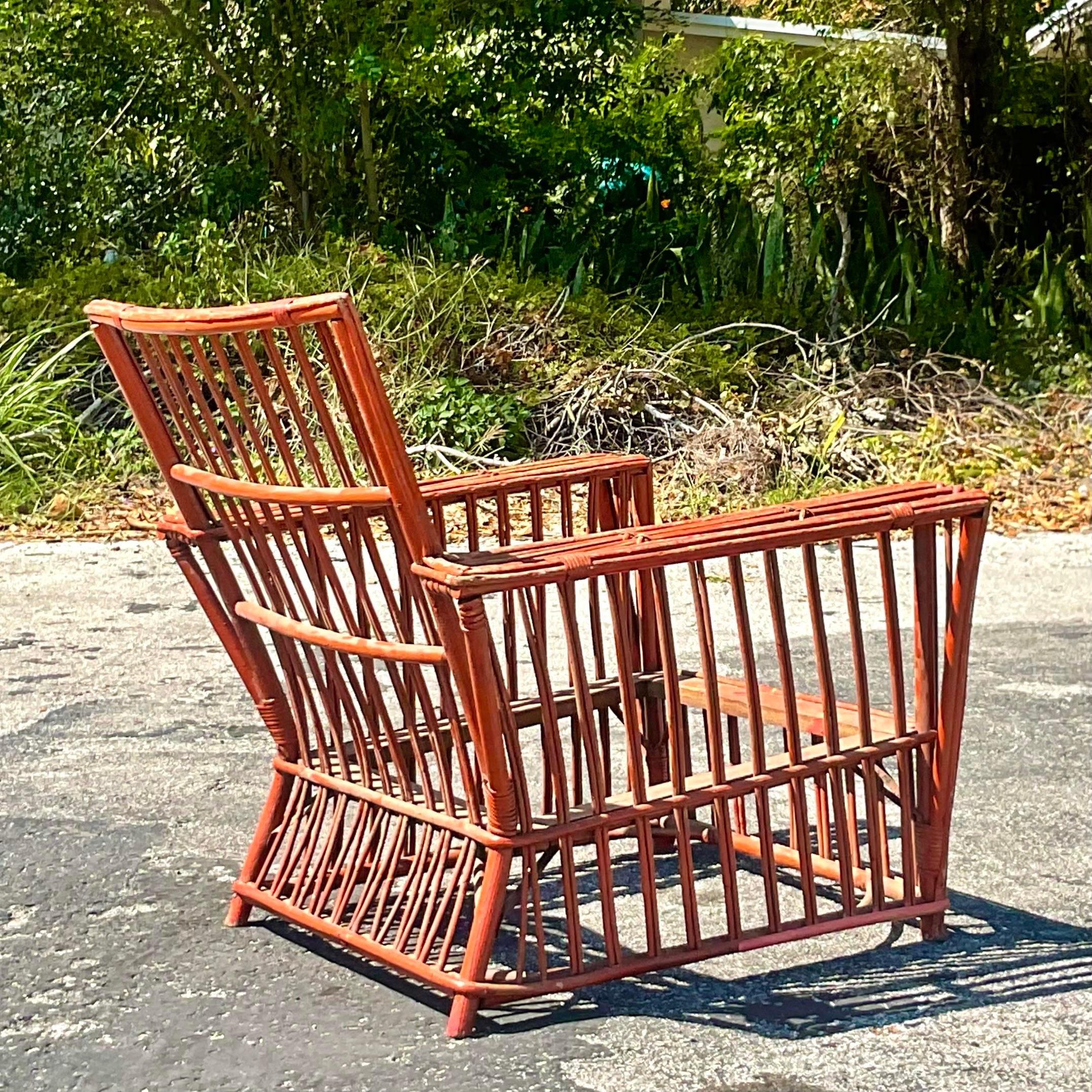 Mid-Century Modern Vintage Coastal Stick Rattan Lounge Chair For Sale