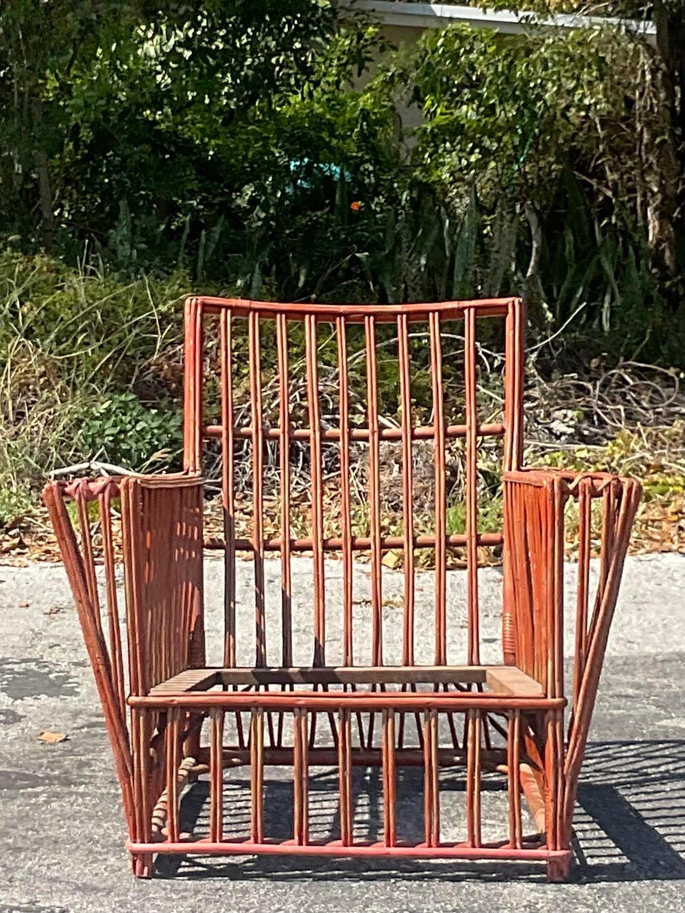 Vintage Coastal Stick Rattan Lounge Chair In Good Condition For Sale In west palm beach, FL