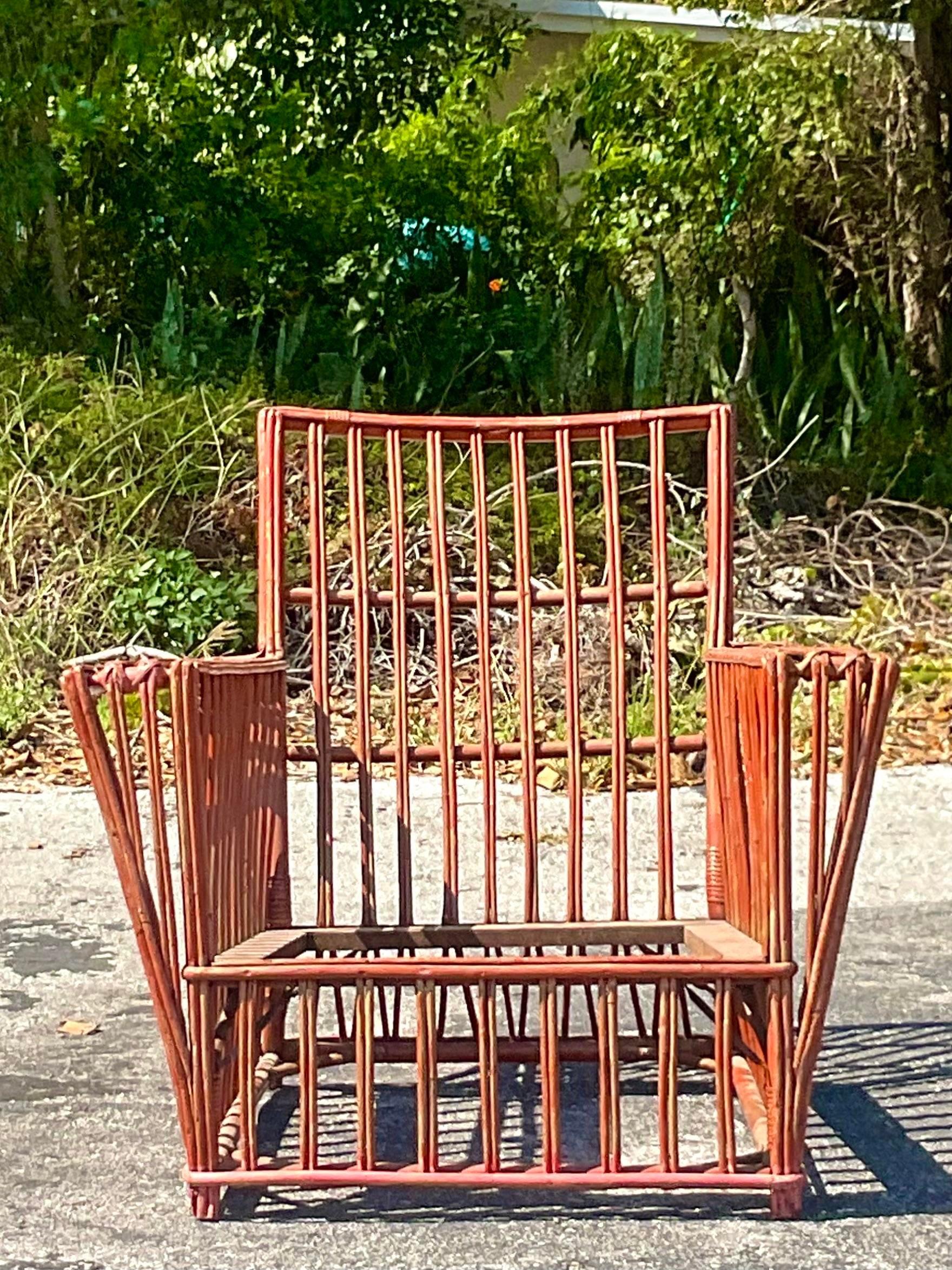 Vintage Coastal Stick Rattan Lounge Chair For Sale 1
