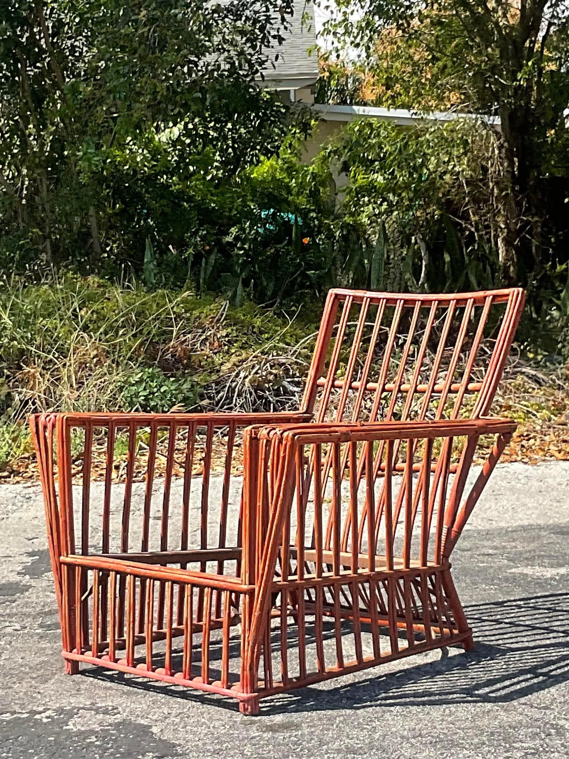 Vintage Coastal Stick Rattan Lounge Chair For Sale 2