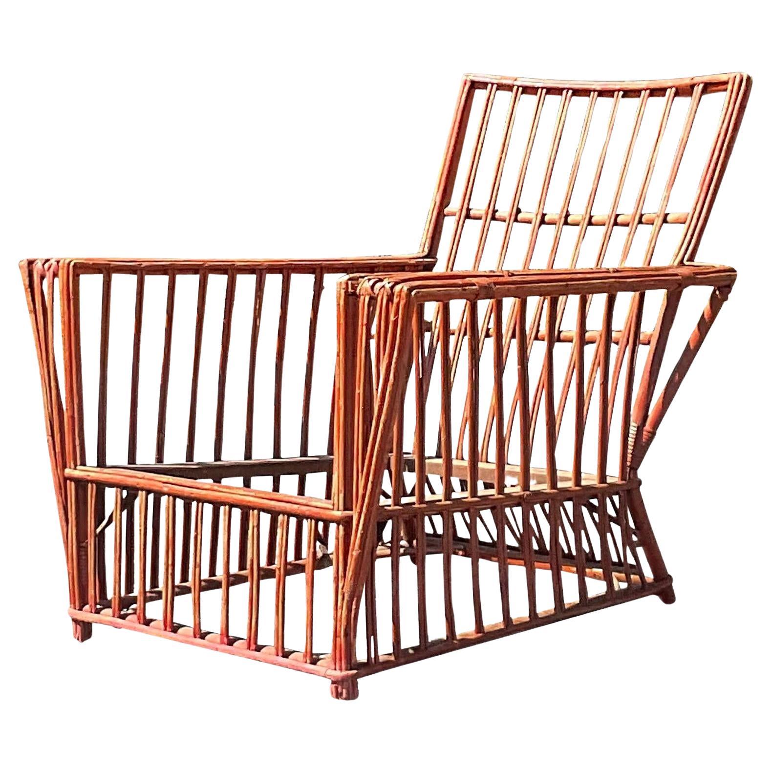 Vintage Coastal Stick Rattan Lounge Chair For Sale