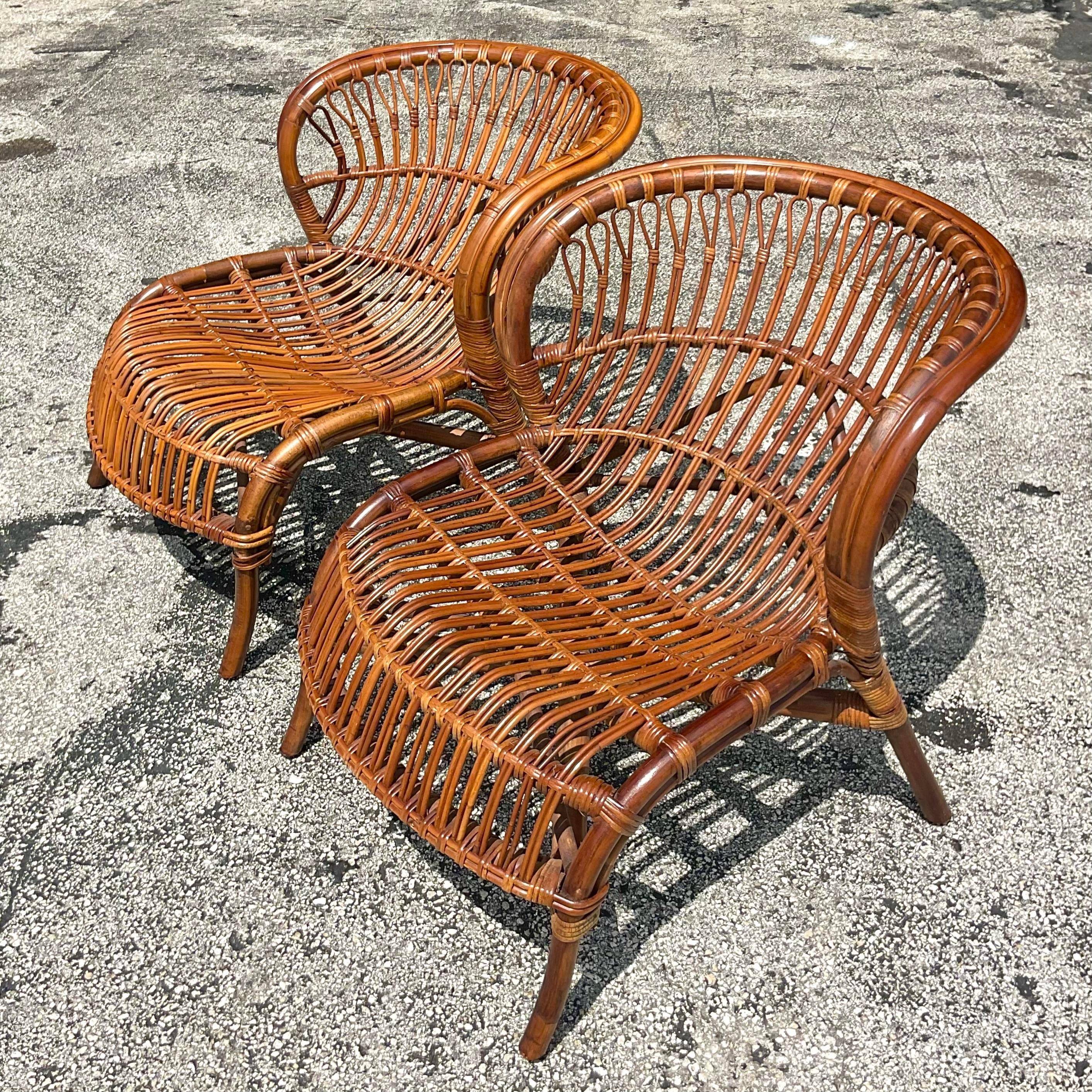 Philippine Vintage Coastal Stick Rattan Lounge Chairs - a Pair
