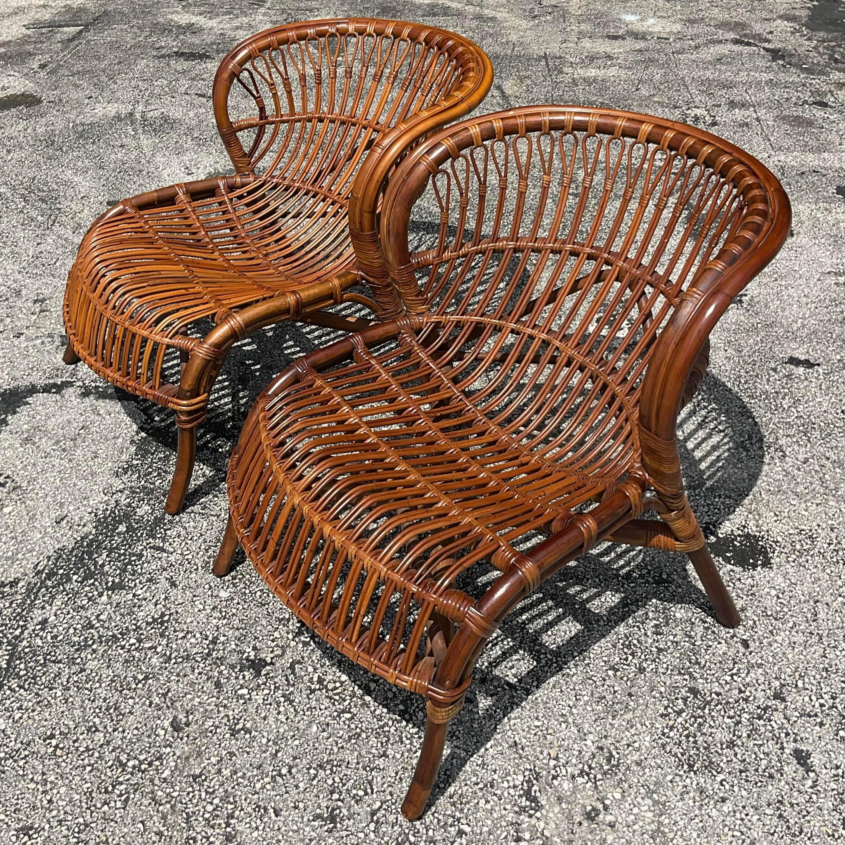 Vintage Coastal Stick Rattan Lounge Chairs - a Pair In Good Condition In west palm beach, FL