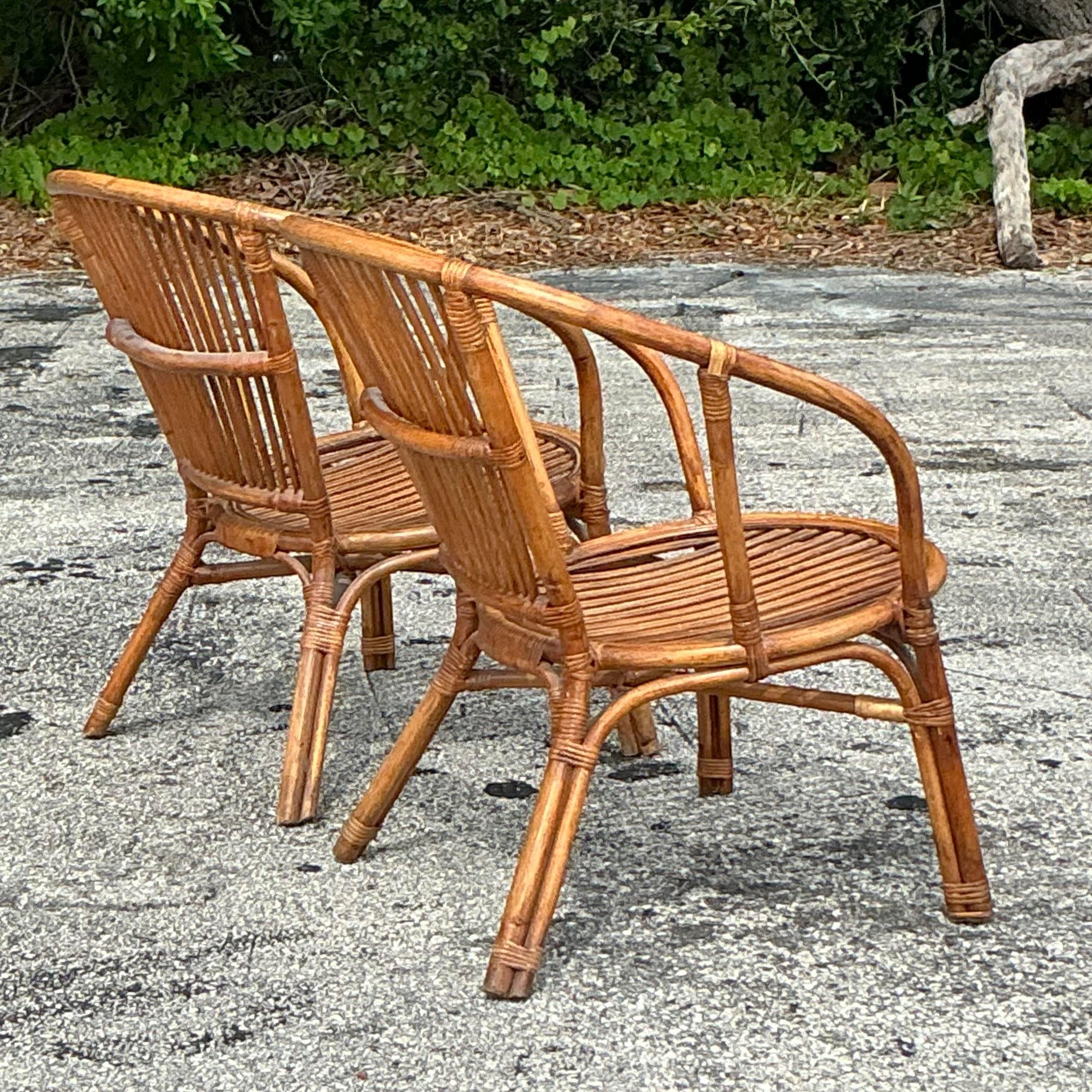 Vintage Coastal Stick Rattan-Loungesessel im Vintage-Stil - ein Paar (20. Jahrhundert)