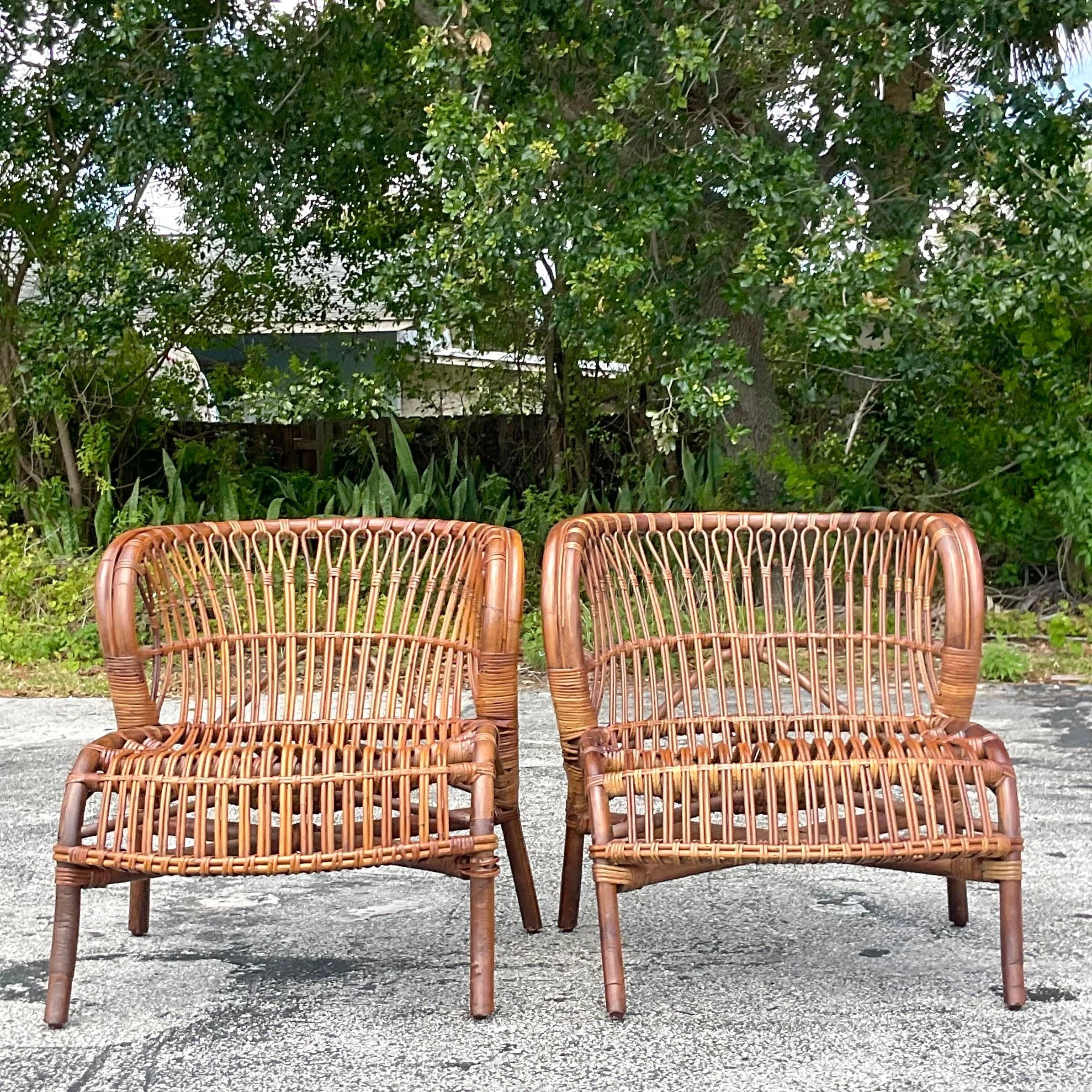 Vintage Coastal Stick Rattan Lounge Chairs - a Pair For Sale 1