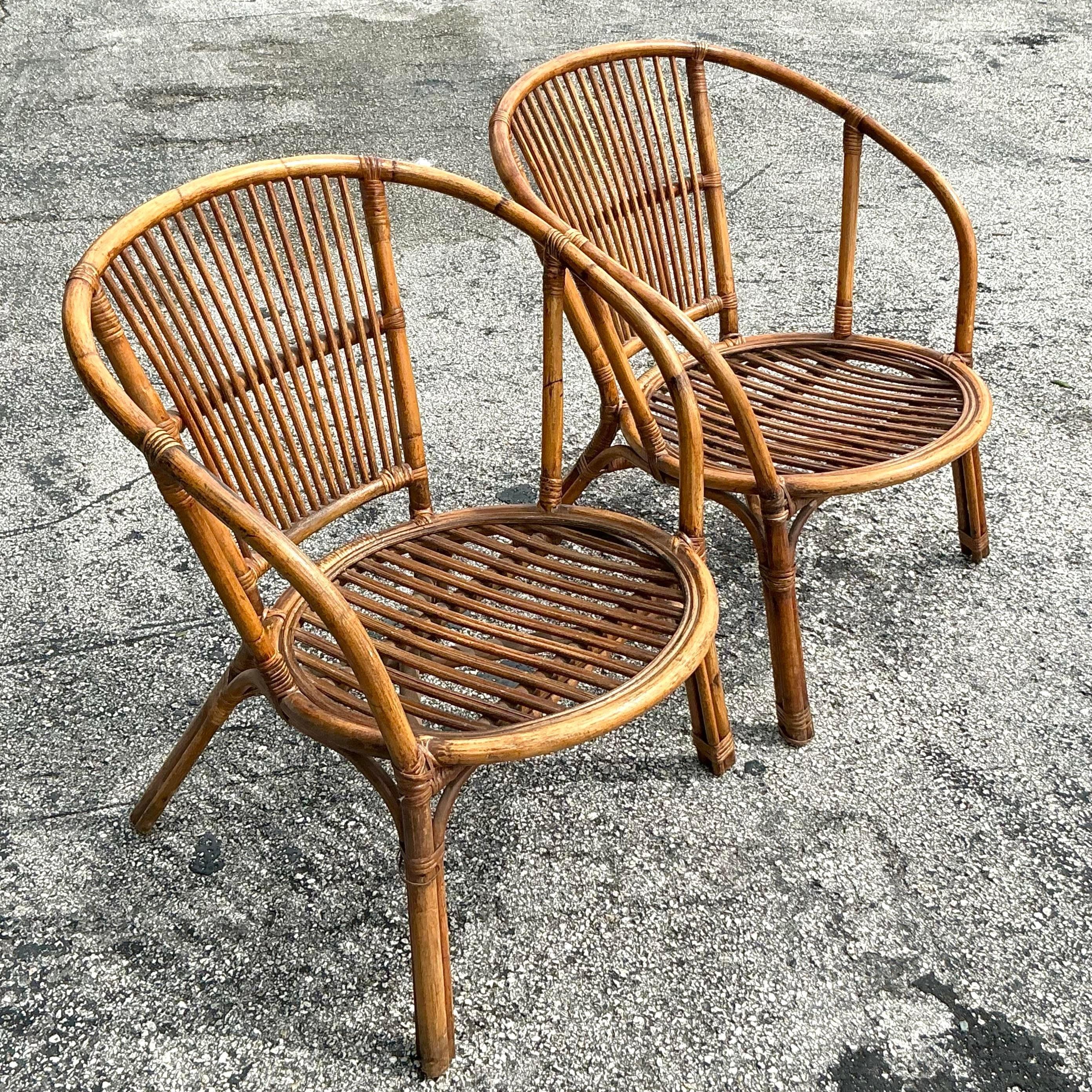 Vintage Coastal Stick Rattan-Loungesessel im Vintage-Stil - ein Paar 1
