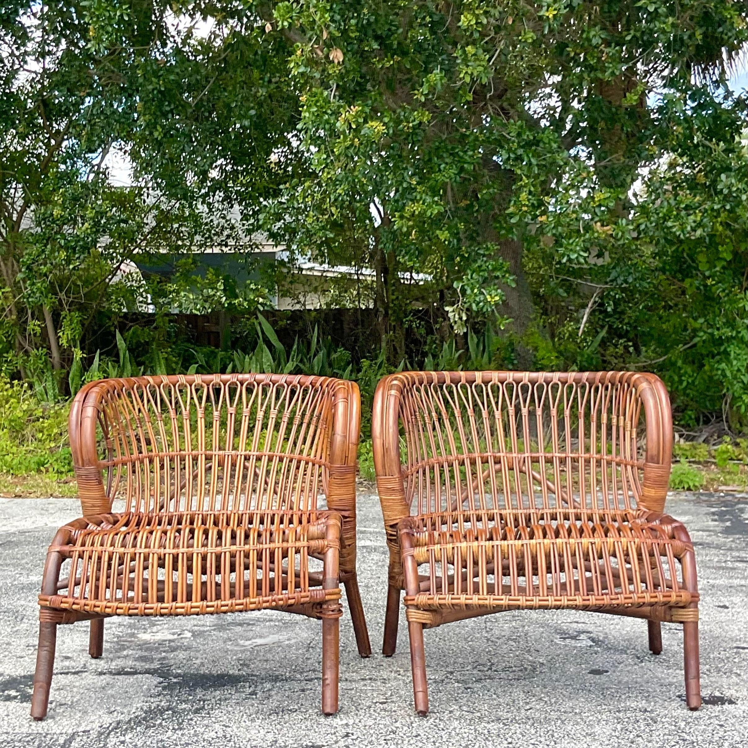 Vintage Coastal Stick Rattan Lounge Chairs - a Pair For Sale 2