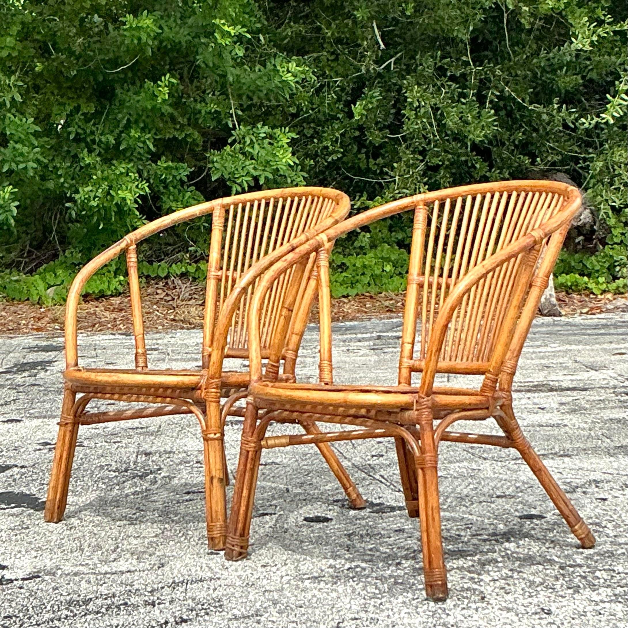 Vintage Coastal Stick Rattan-Loungesessel im Vintage-Stil - ein Paar 2