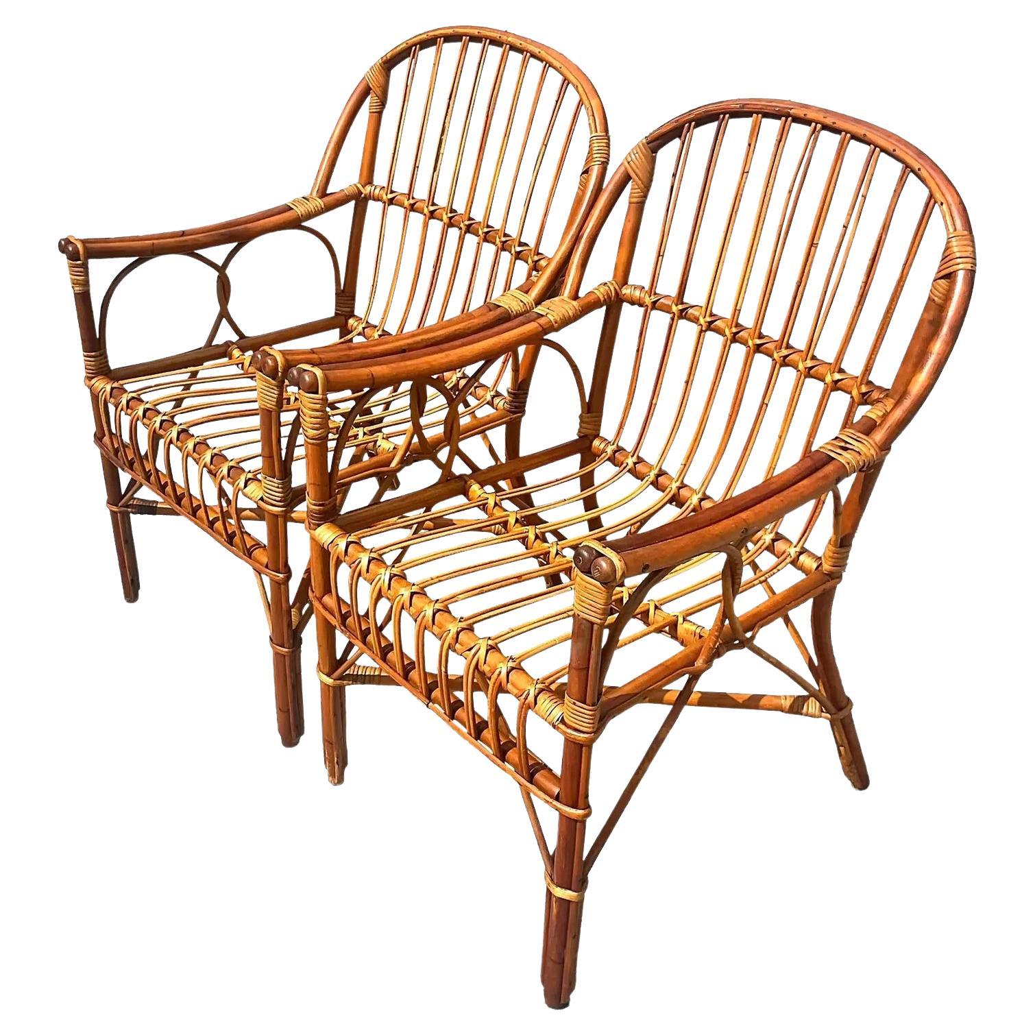 Stick Wicker Rattan Arm Chair and Matching Stool at 1stDibs